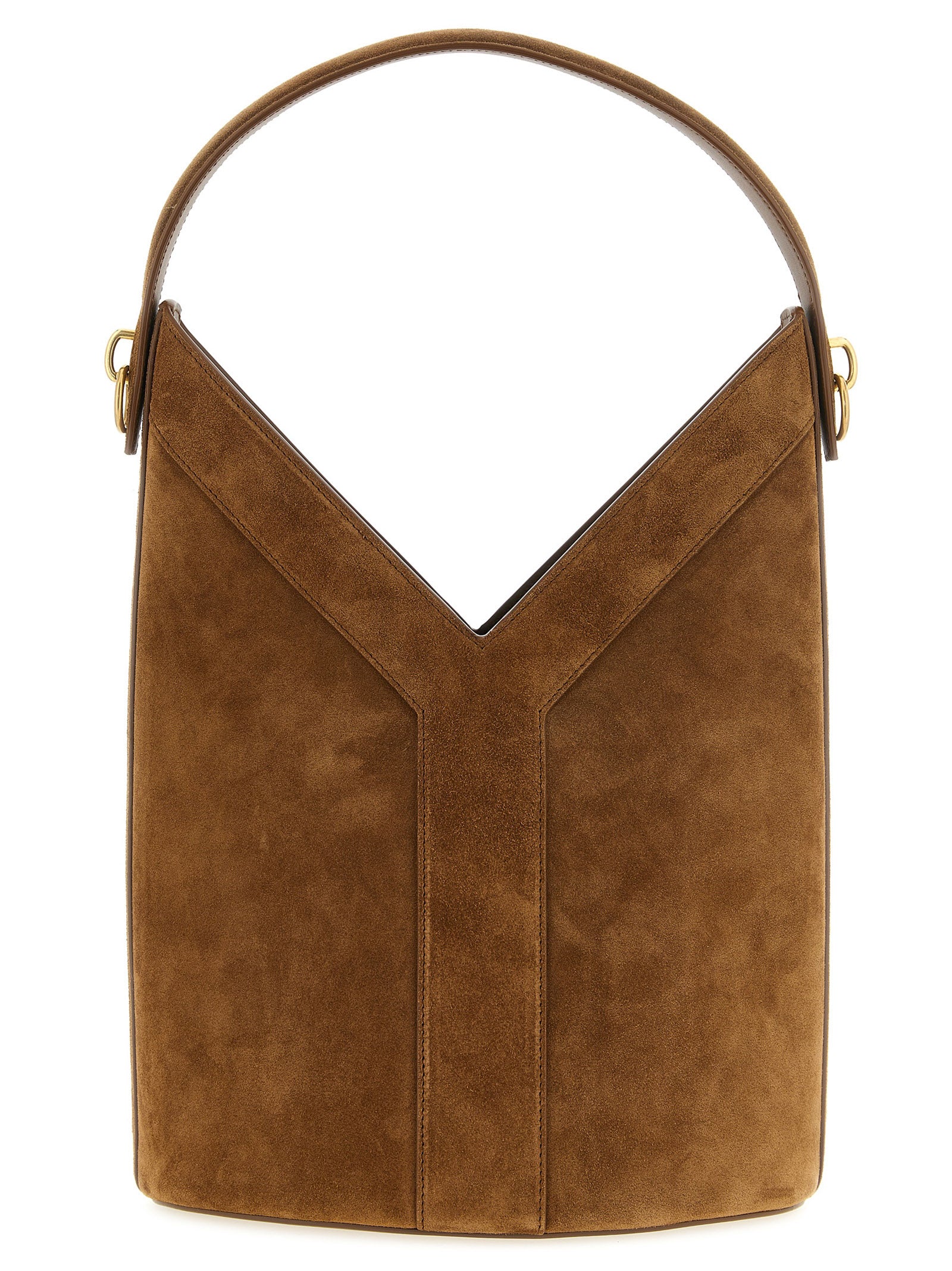 Saint Laurent Y Bucket bag in caramel cognac calfskin suede featuring a structured leather Y-insert design, rigid base, and a top handle from The Exclusive Line Singapore.