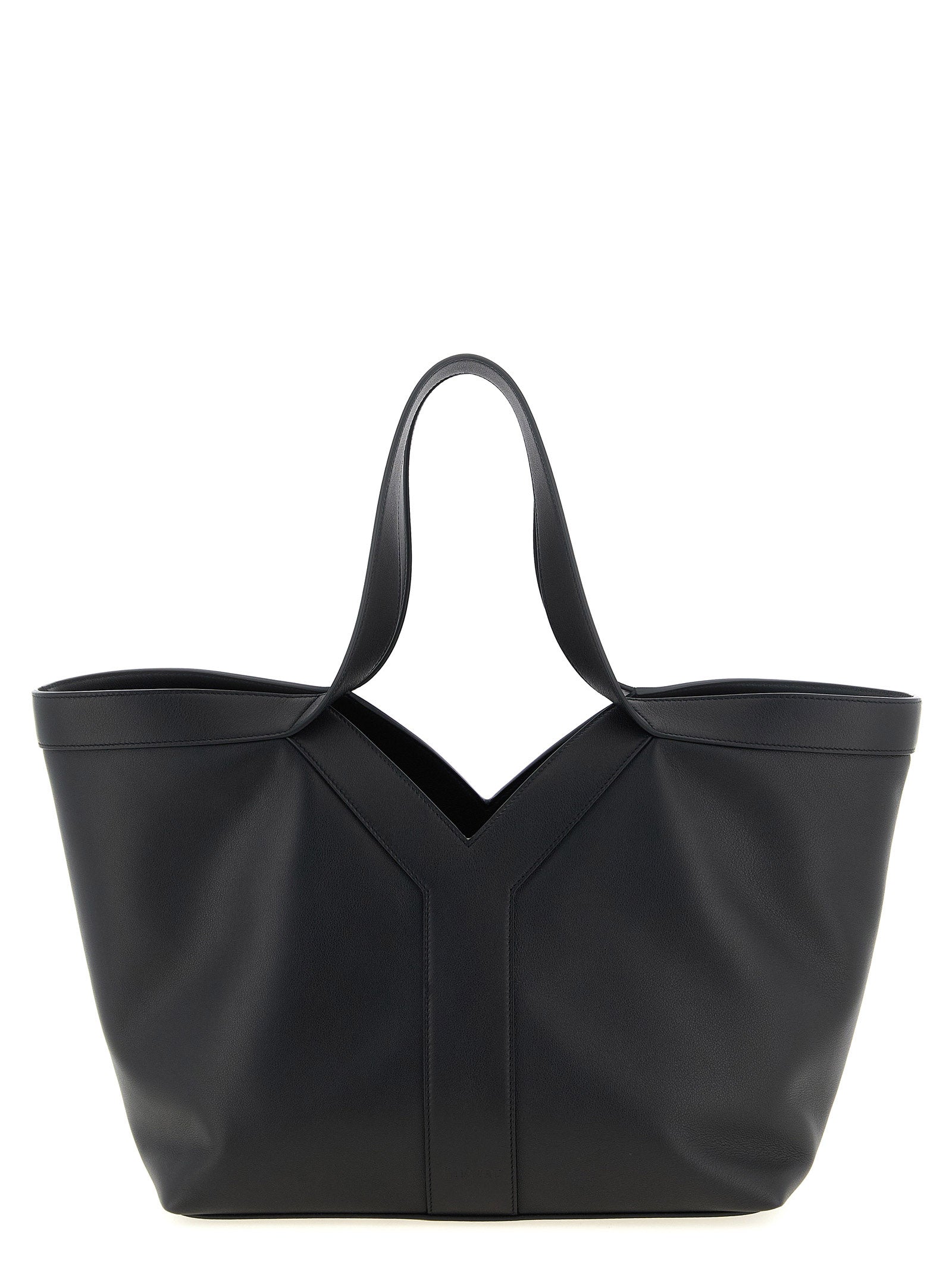 Saint Laurent Y Small Tote bag in black finely grained leather featuring subtle archival Y-stitching details and top shoulder handles from The Exclusive Line Singapore.