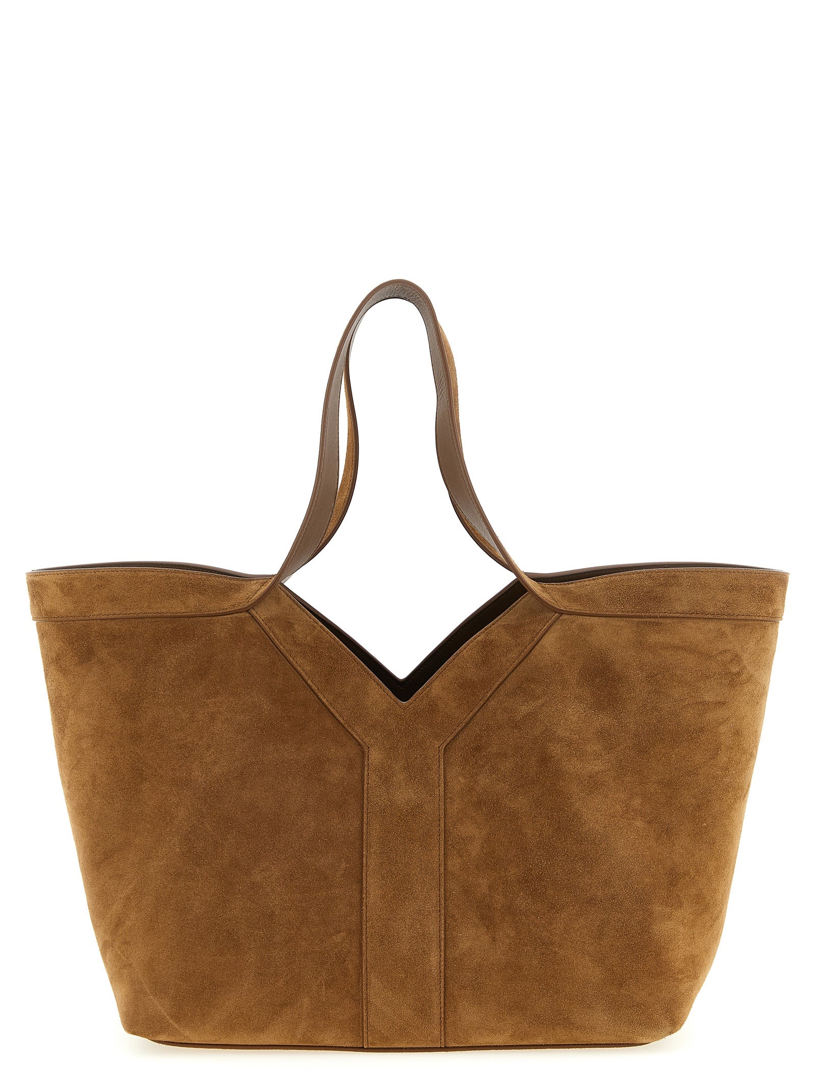 Saint Laurent Y Small Tote bag in rich caramel cognac calfskin suede featuring subtle archival Y-stitching and top shoulder handles from The Exclusive Line Singapore.