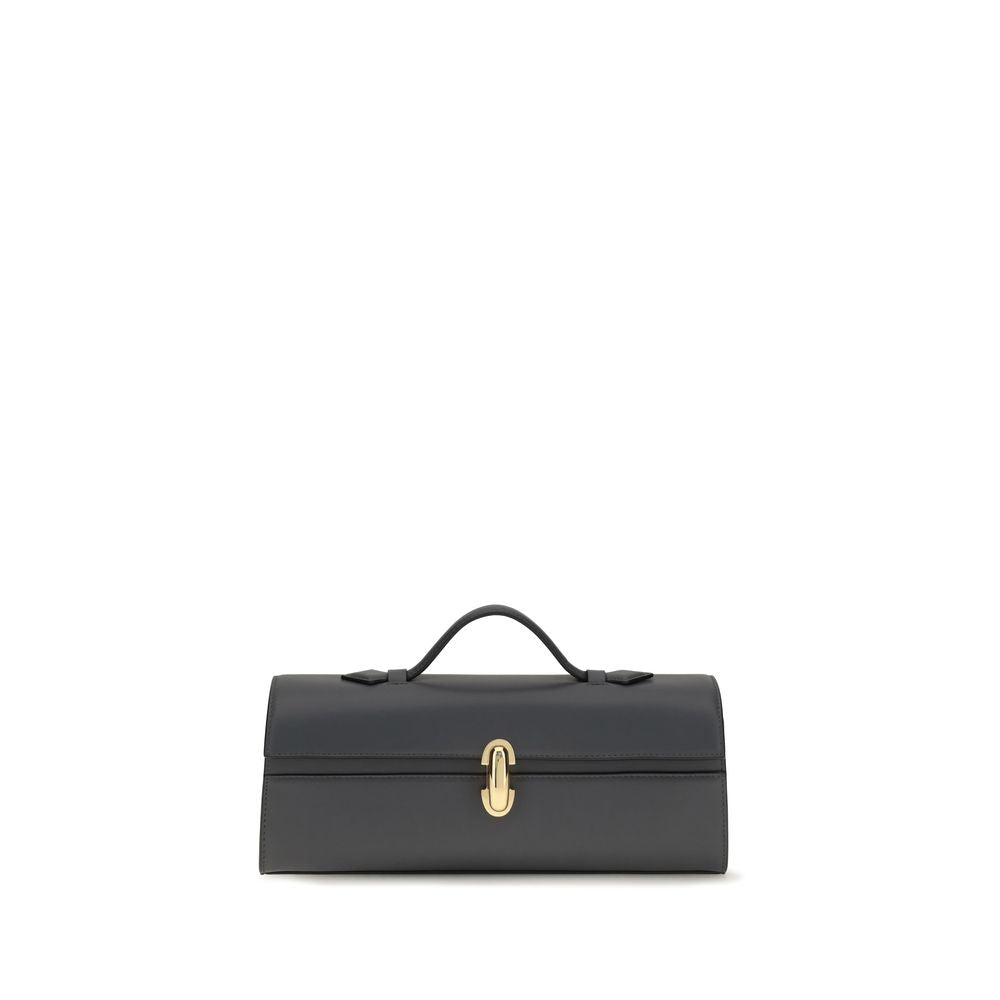 Savette Slim Symmetry Pochette bag in storm gray calf leather, displaying its elongated geometric silhouette, clean lines, and signature polished turnlock closure.