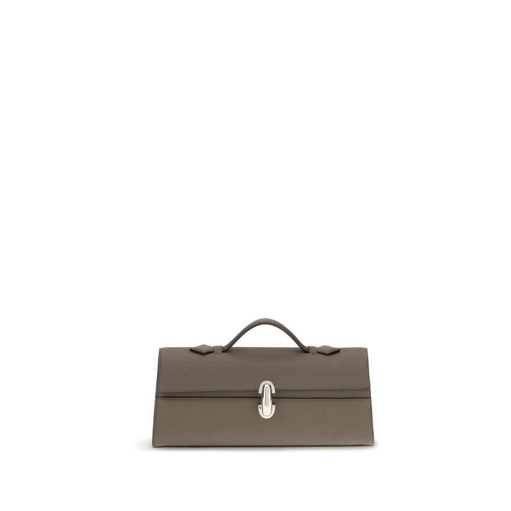 Savette Slim Symmetry Pochette in Taupe calf leather with top handle and signature turnlock – The Exclusive Line Singapore