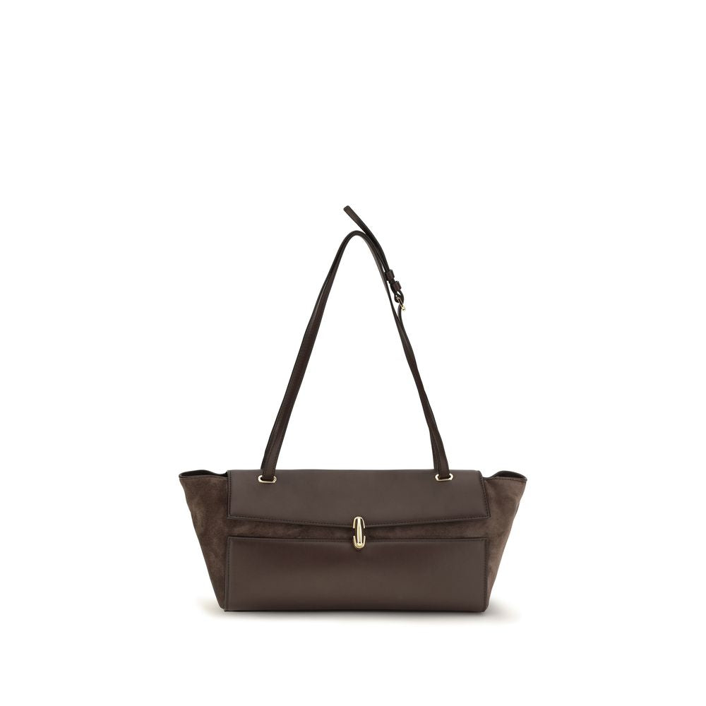 Savette Symmetry Trapeze shoulder bag in coffee mixed smooth calf and suede leather available at The Exclusive Line Singapore.