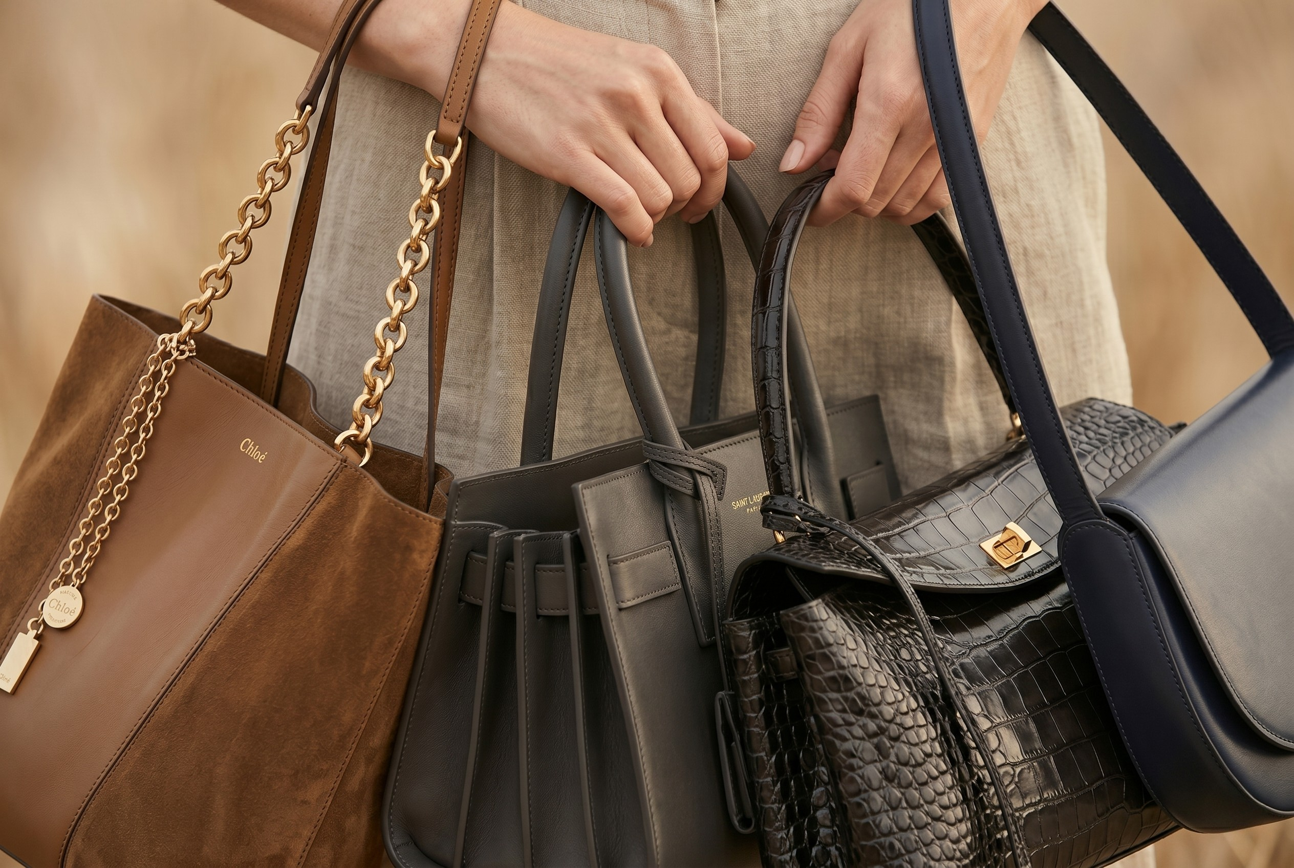 Model carrying a Chloé Spin tote  in brown leather and suede with a gold-tone chain strap and coin charm; a dark grey structured Saint Laurent satchel with a top handle; and a Rodeo black crocodile-embossed handbag with a gold hardware; and a smooth black leather shoulder bag from The Row