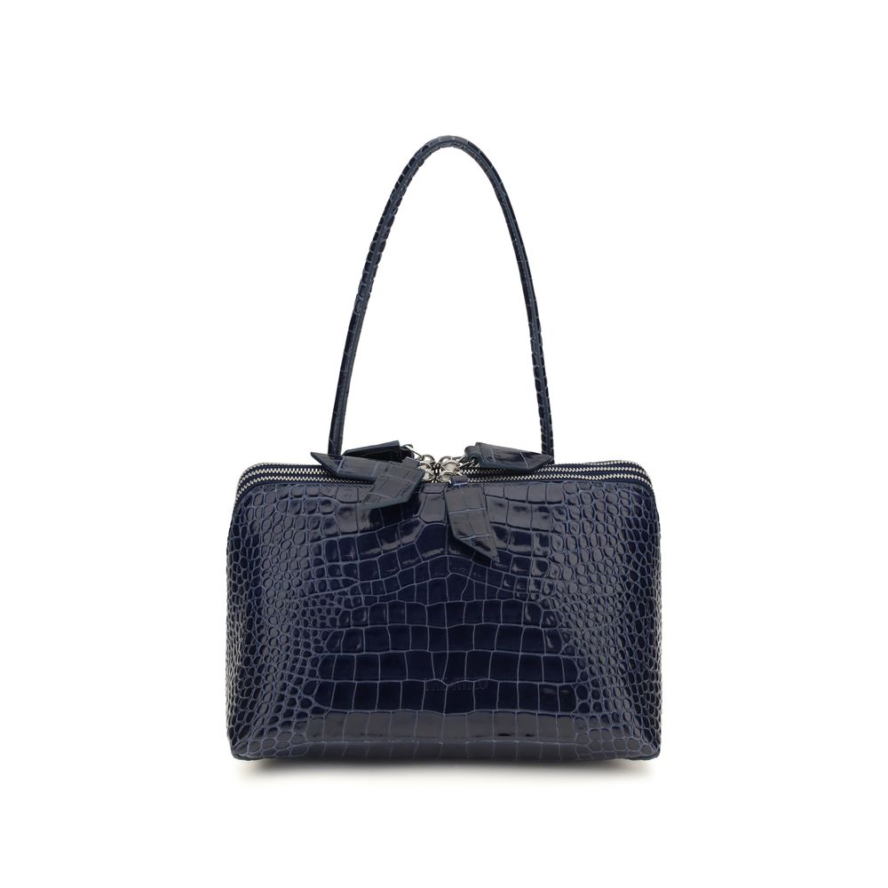 The Attico L'Altra di Milano Shoulder Bag in dark blue croc-effect leather with red suede interior.