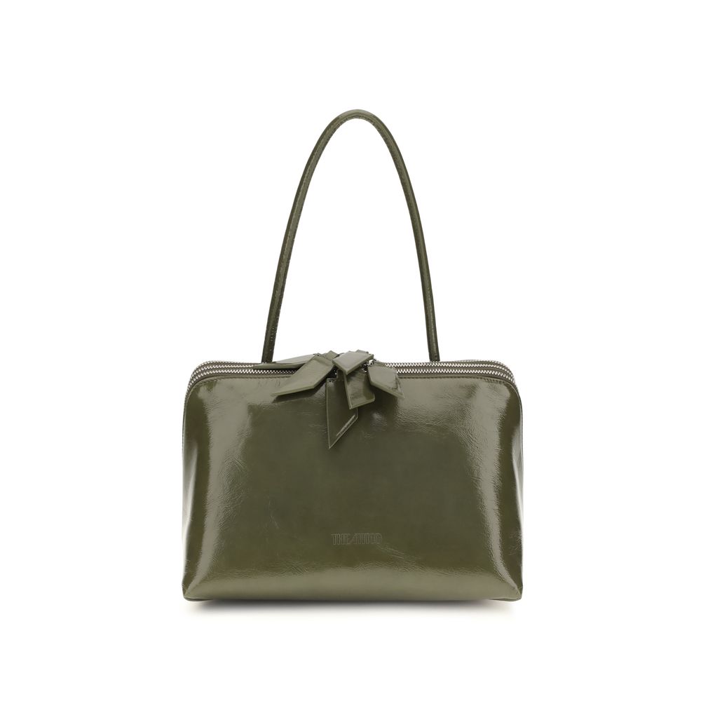 The Attico L'Altra di Milano Shoulder Bag in olive green crackled patent leather with red suede interior.