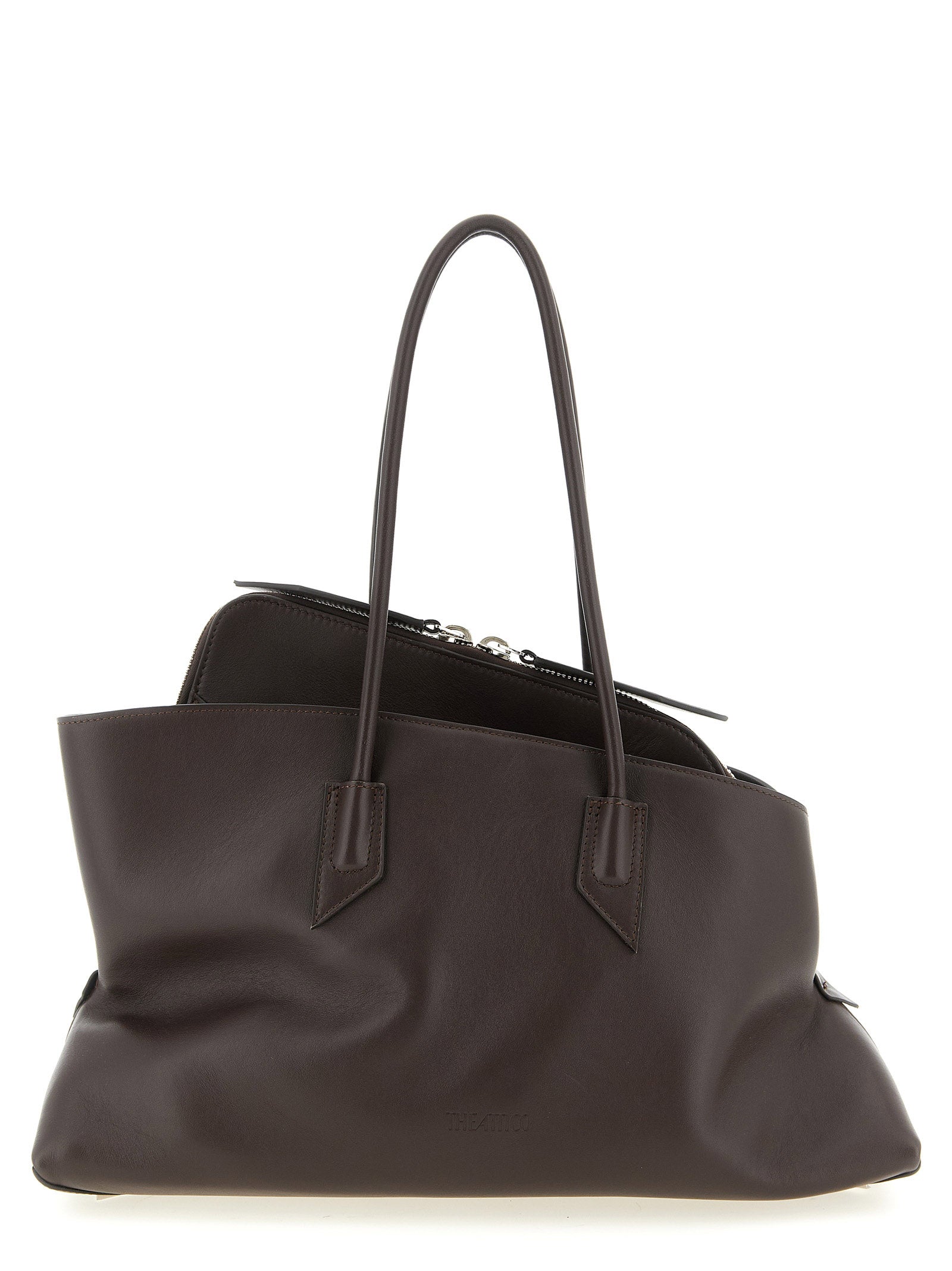 The Attico La Passeggiata Medium Top Handle Bag in rich dark brown smooth calf leather with structured tubular handles from The Exclusive Line Singapore.