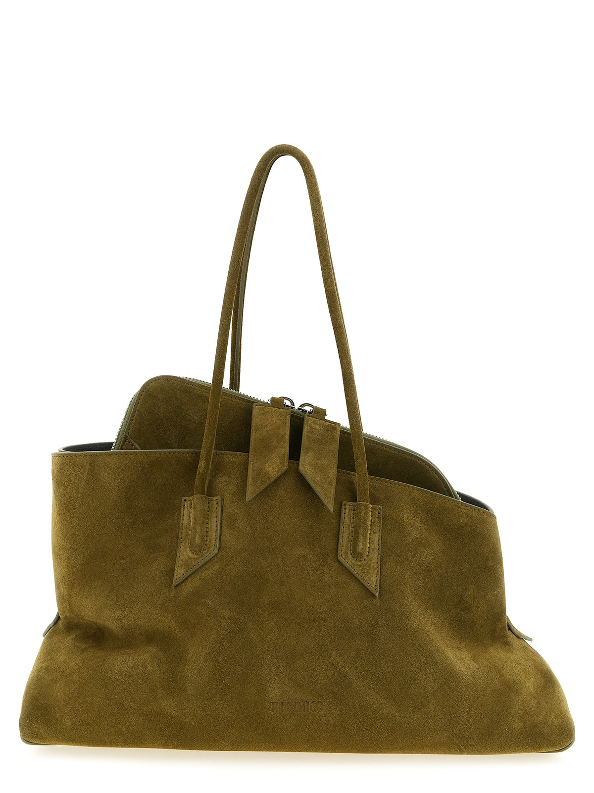 The Attico La Passeggiata Medium Top Handle Bag in khaki suede with structured tubular handles from The Exclusive Line.