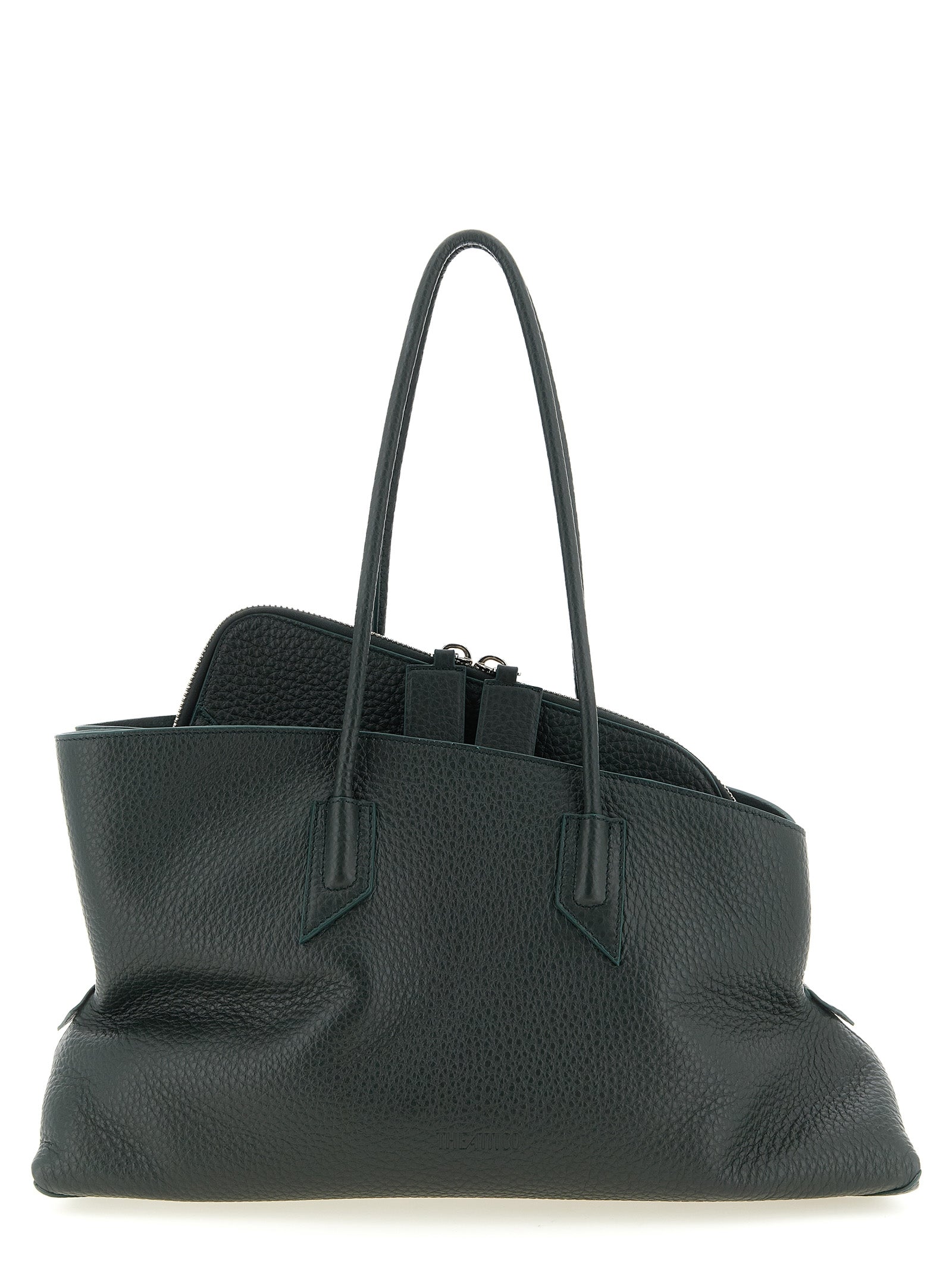 The Attico La Passeggiata Medium Top Handle Bag in rich dark green grained leather with structured tubular handles from The Exclusive Line Singapore.