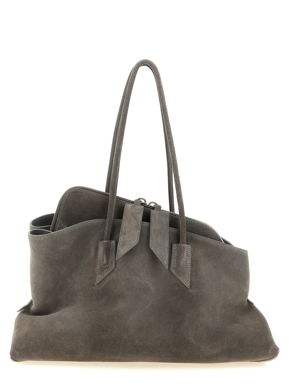 The Attico La Passeggiata Medium Top Handle Bag in dark grey brushed suede.
