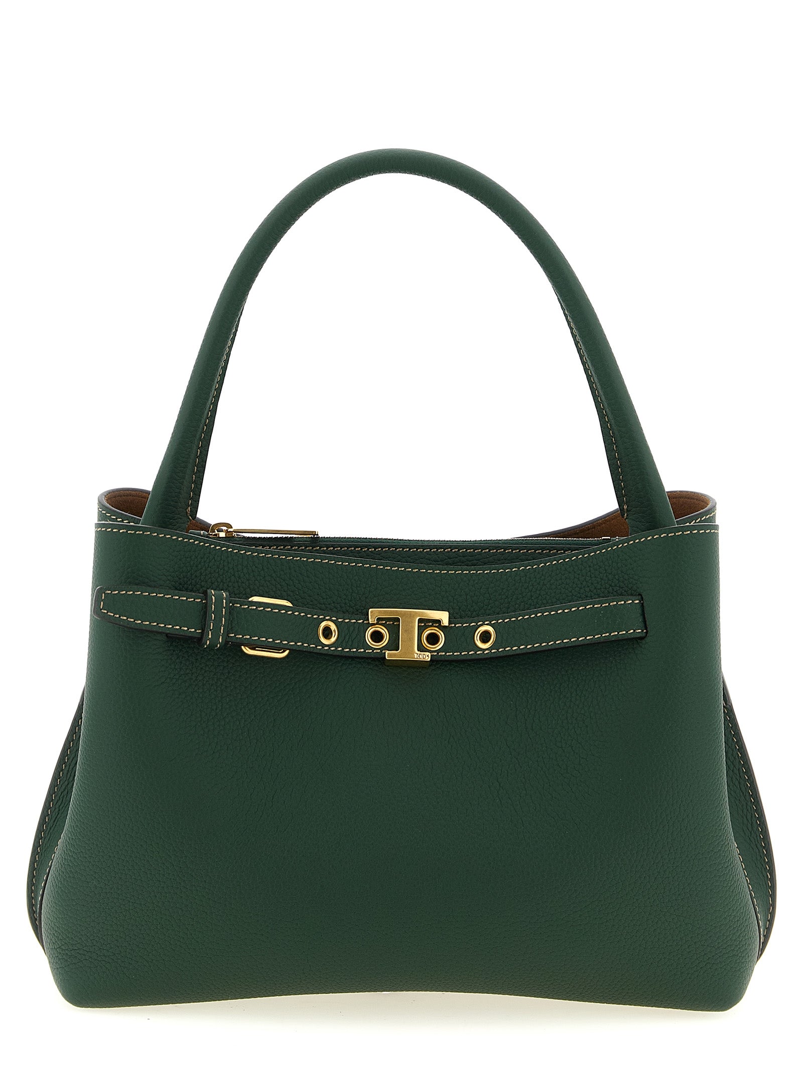 Tod's T Signature Mini Handbag in green calfskin leather featuring a tubular top handle, gold-tone T Timeless hardware, and detachable shoulder strap.