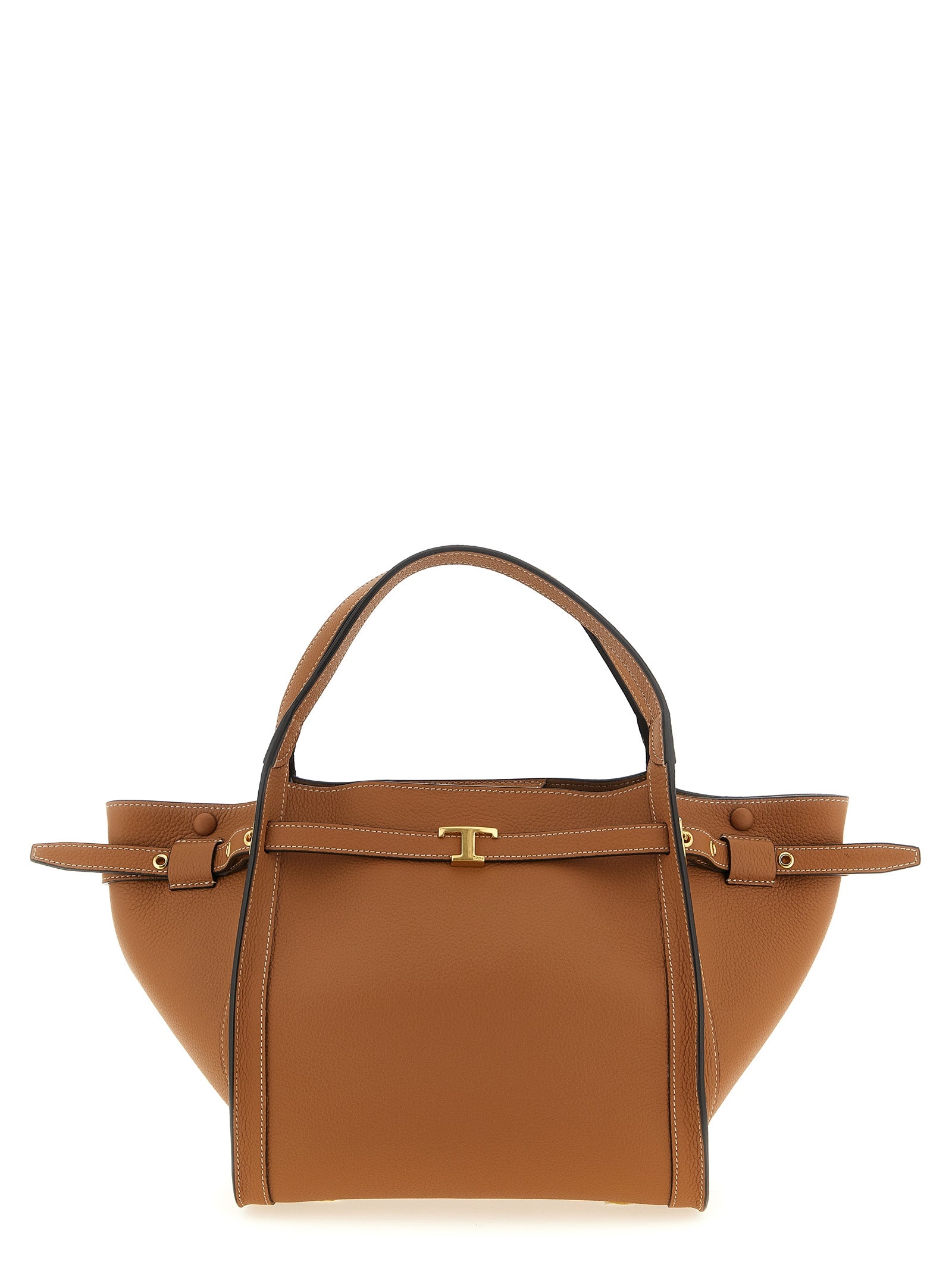 Tod's T Signature Small Shopping Bag in brown calfskin leather featuring the gold-tone T Timeless hardware, dual top handles, and detachable shoulder strap.