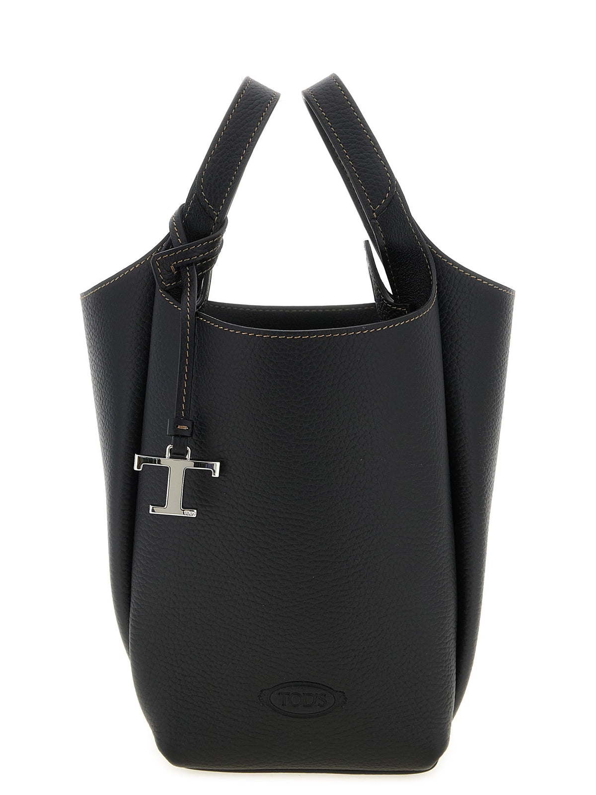 Tod's Mini Bucket Bag in black grained leather with silver T Timeless pendant accessory at The Exclusive Line Singapore.