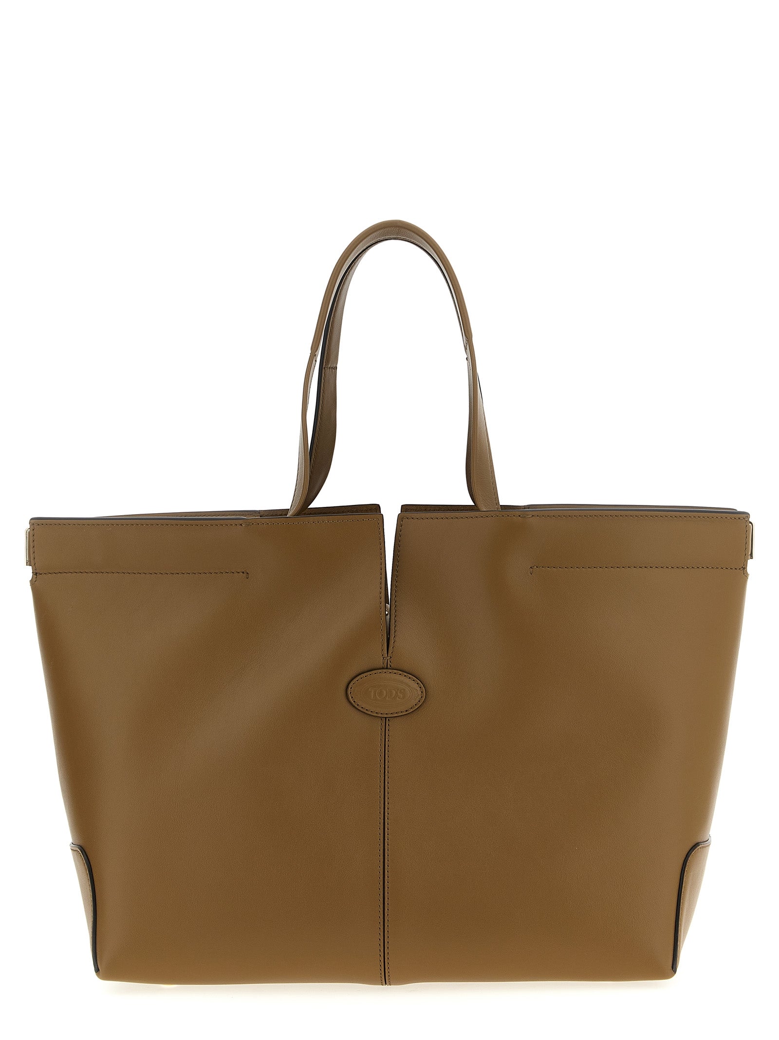 Tod's Di Bag Folio Medium-Small shopping bag in beige calfskin leather featuring a deconstructed silhouette, stamped oval logo, and integrated flat handles from The Exclusive Line.