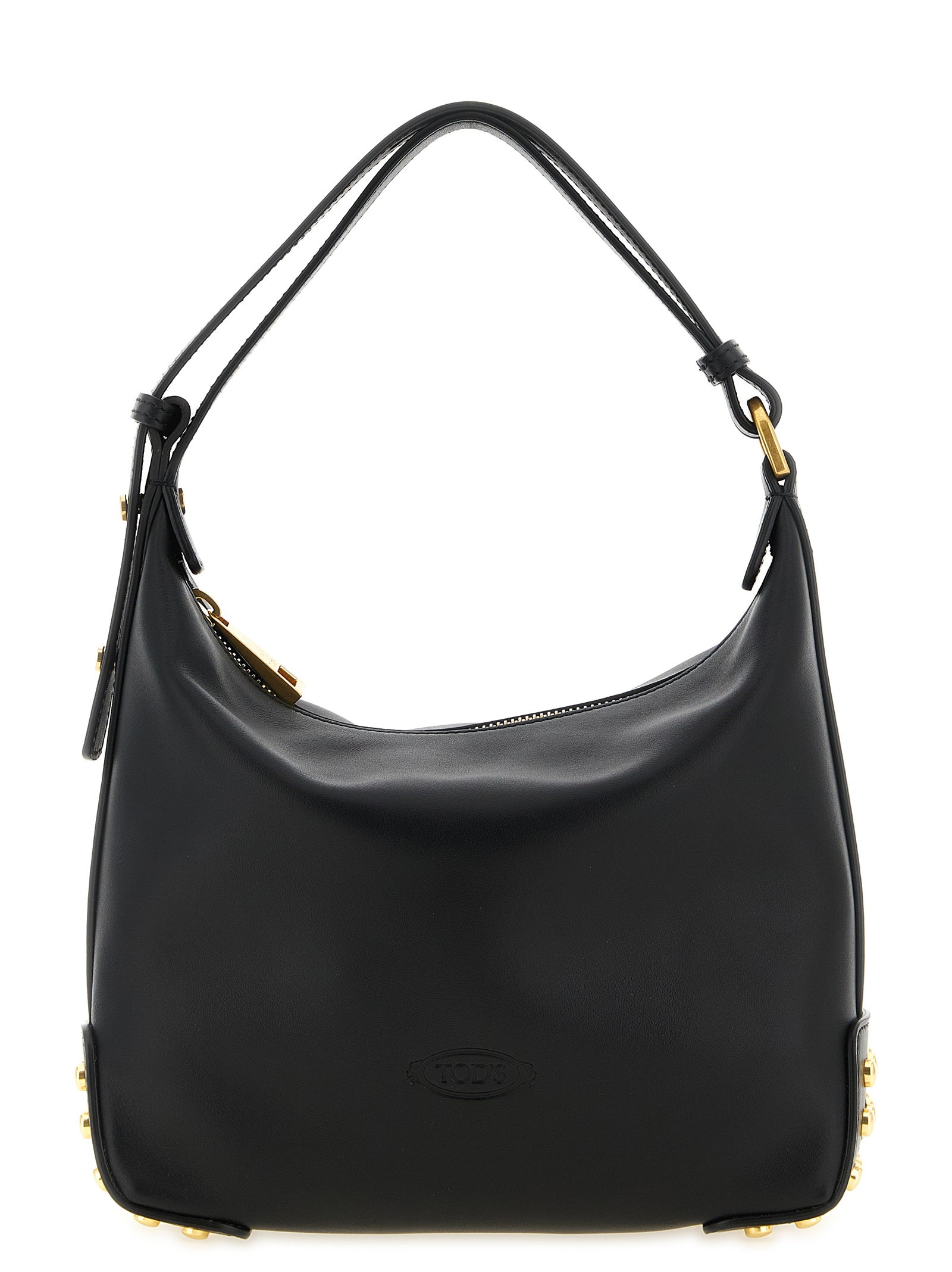 Tod's Metal Dots Mini Bag in black calfskin leather featuring a modern vertical silhouette, embossed outsole detailing, and an adjustable flat handle from The Exclusive Line Singapore.