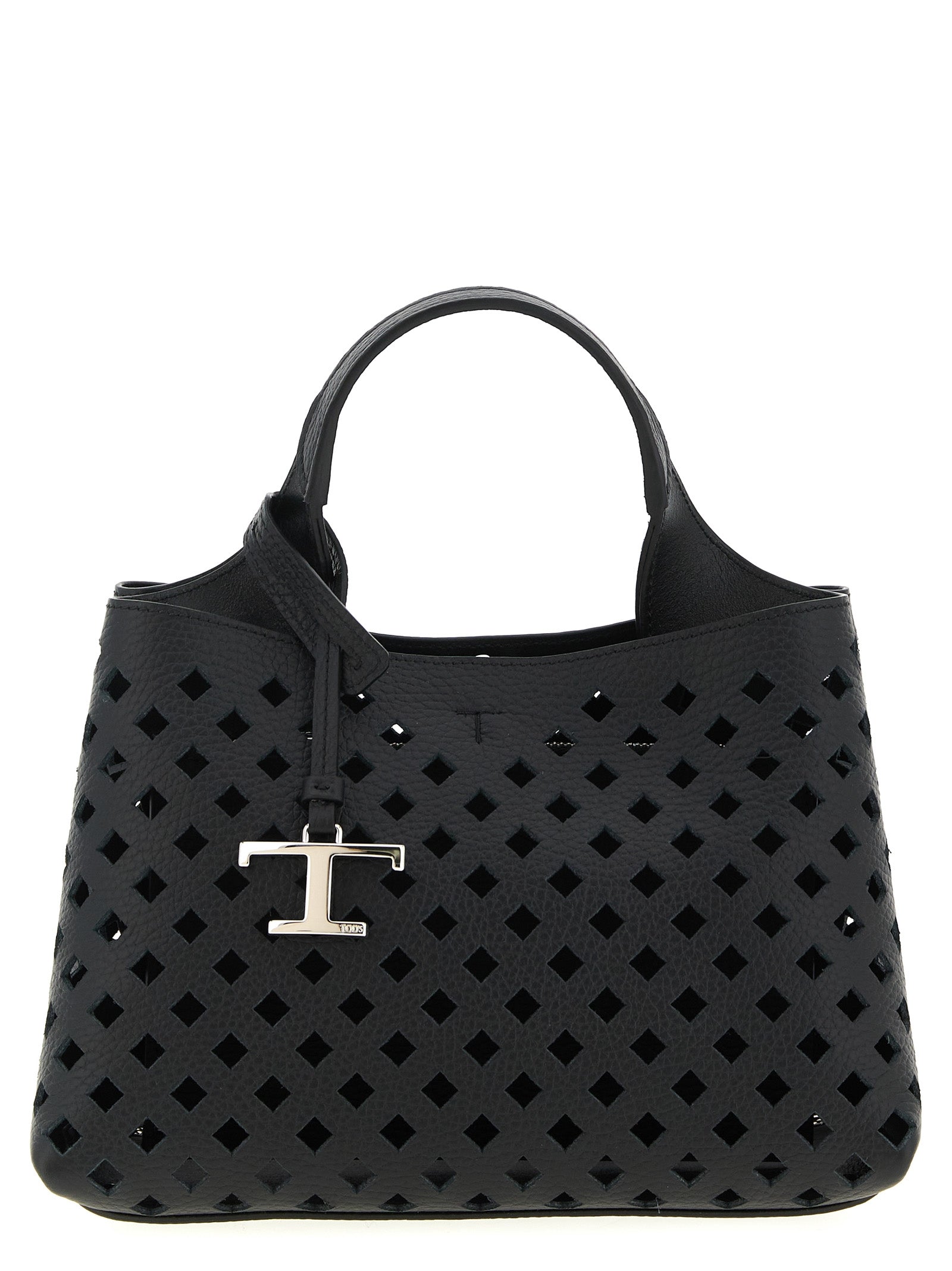 Tod's Micro Bag in black exposed-grained leather with perforated detailing, featuring a flat top handle, iconic T-stitching, and a gold-tone T Timeless pendant from The Exclusive Line Singapore.