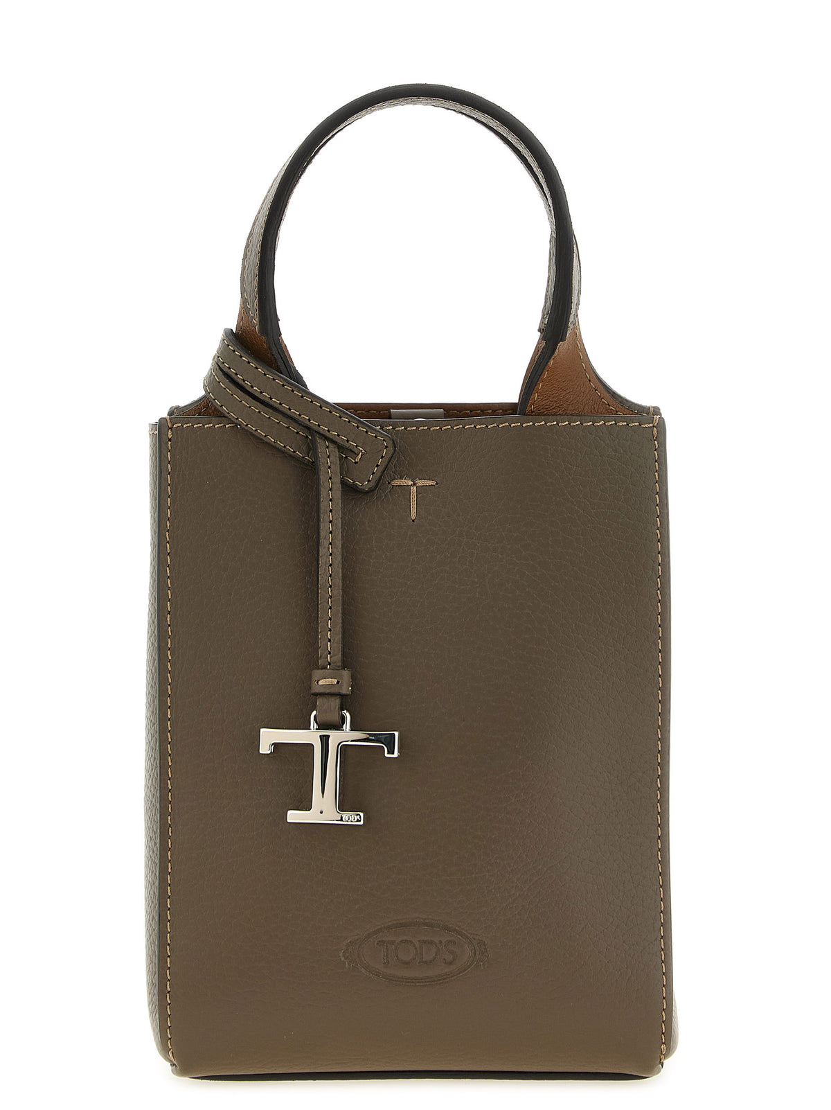 Tod's Micro Handbag in grey-brown hammered calfskin leather with T Timeless silver pendant on display at The Exclusive Line Singapore.