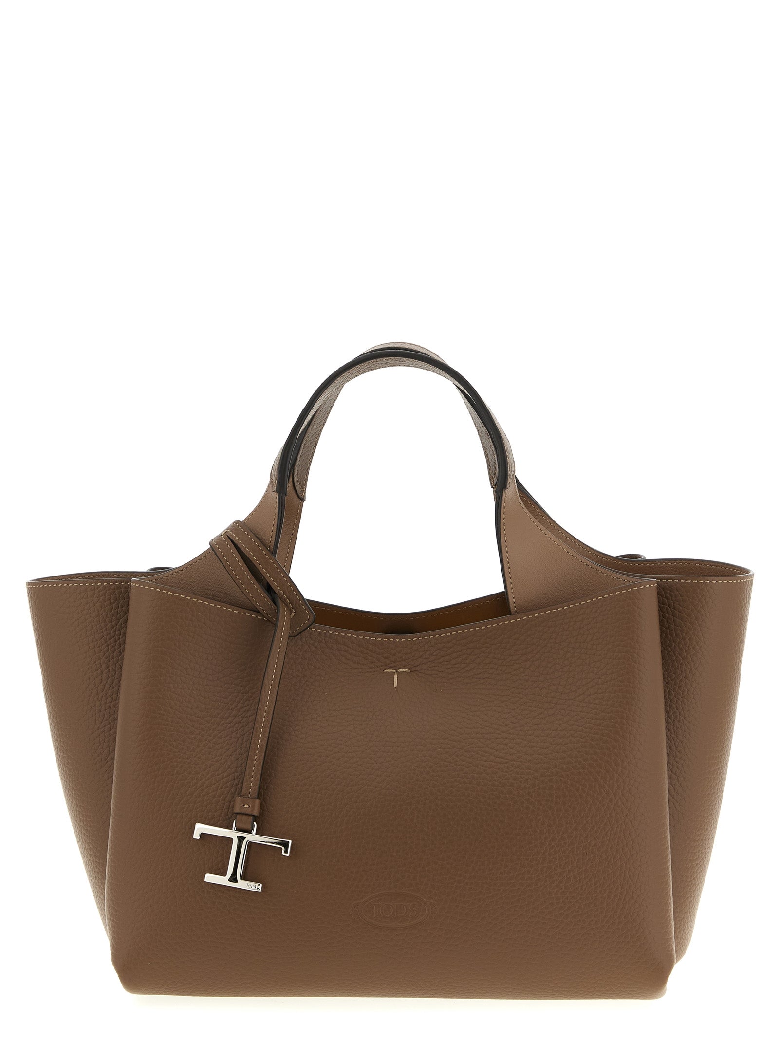 Tod's Mini Handbag in brown natural exposed-grain leather featuring flat top handles, a stamped front logo, T-stitching, and a gold-tone T Timeless pendant from The Exclusive Line Singapore.