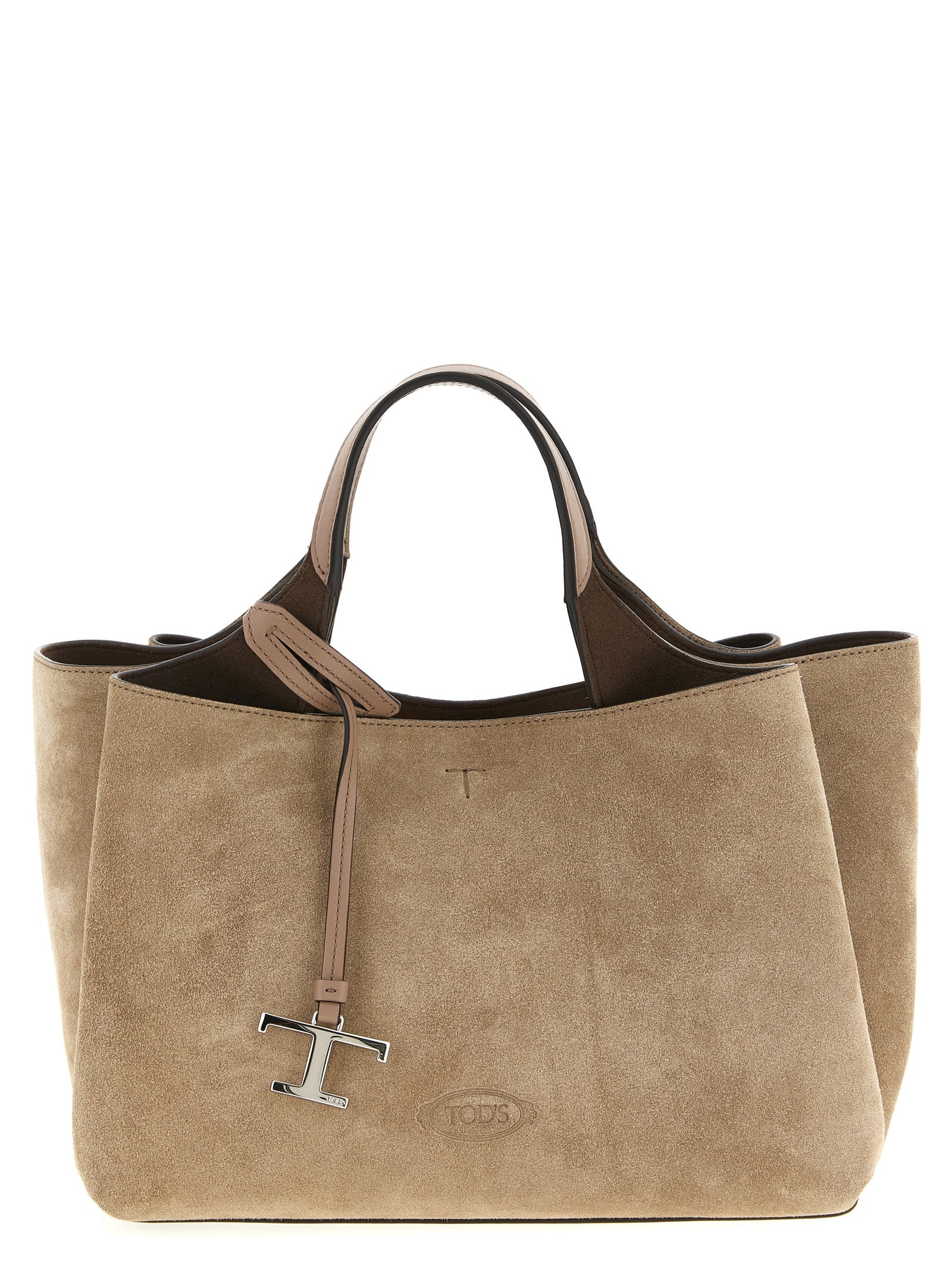 Tod's Mini Handbag in brown calfskin suede featuring smooth leather top handles, central T-stitching, stamped logo, and a gold-tone T Timeless pendant from The Exclusive Line Singapore.