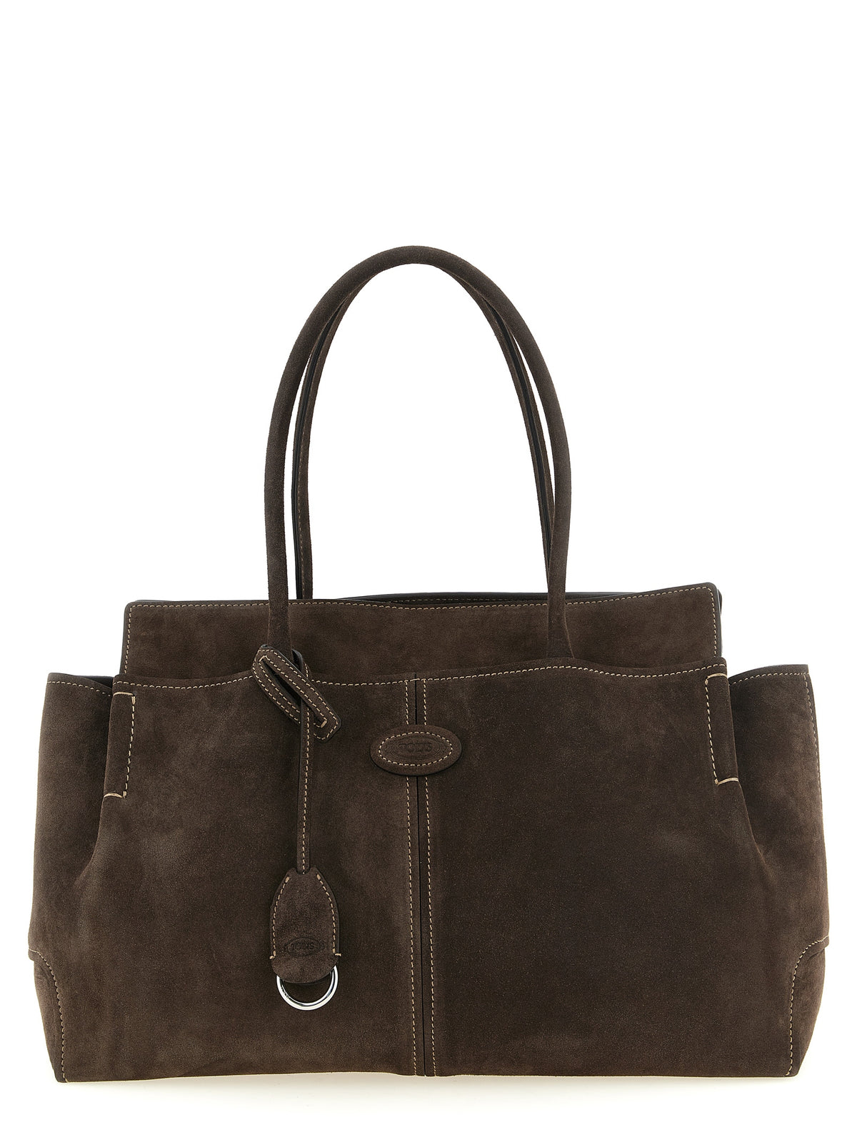 Tod's Medium Shopping Bag in velvety brown calfskin suede with exterior slip pockets and key ring pendant at The Exclusive Line Singapore.