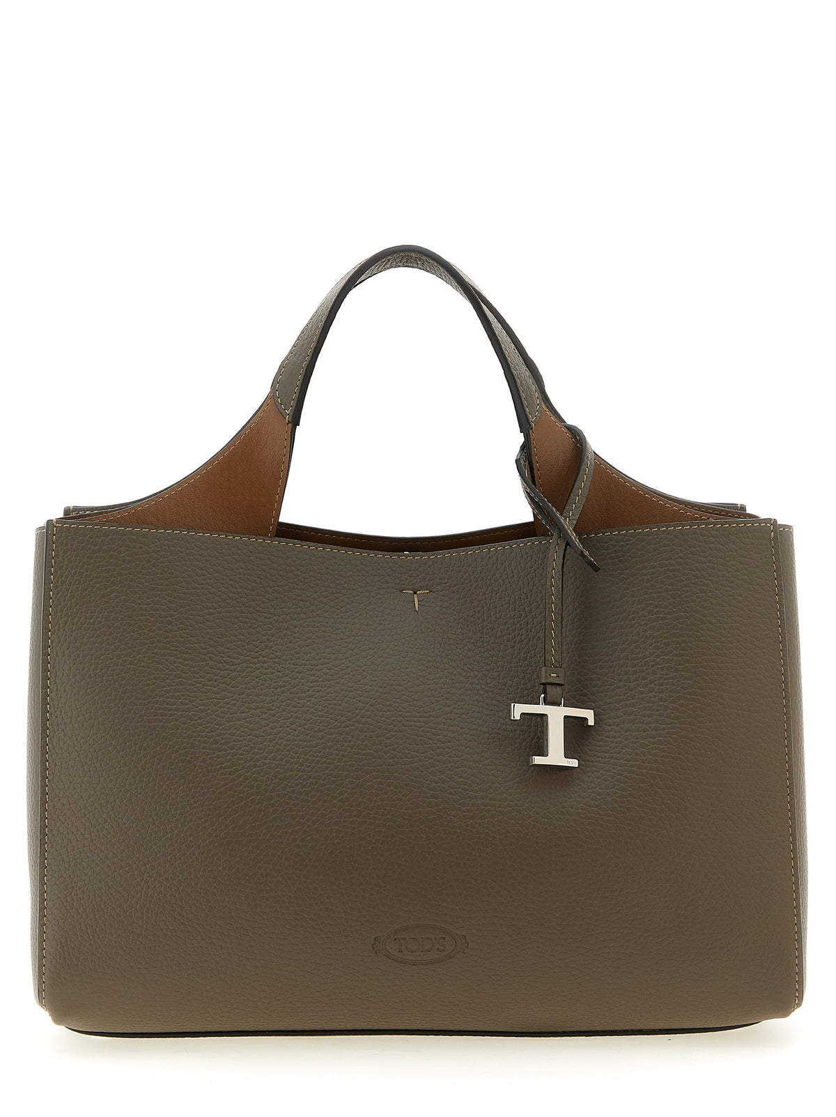 Tod's Small Bag in taupe brown-grey hammered leather featuring silver T Timeless pendant and top handles at The Exclusive Line Singapore.