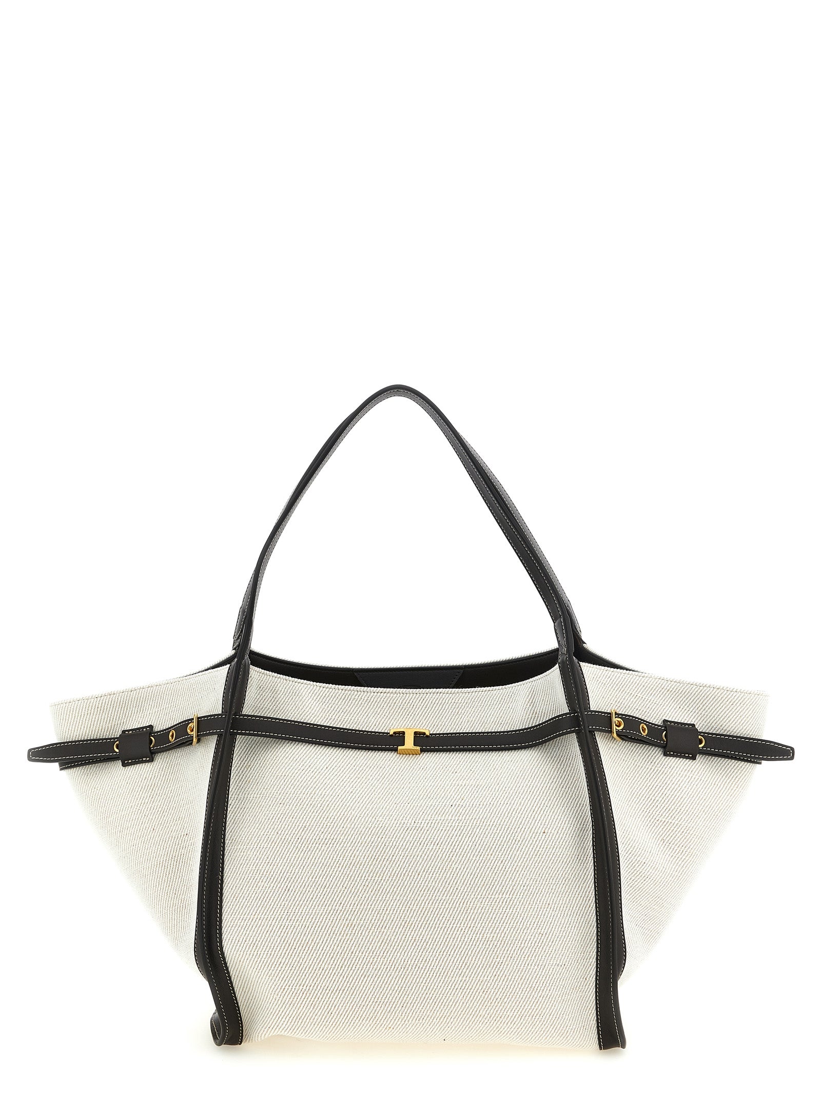 Tod's T Signature Medium Shopping Bag in white linen-blend canvas featuring rich brown calfskin leather trim, dual flat top handles, and the T Timeless gold accessory.