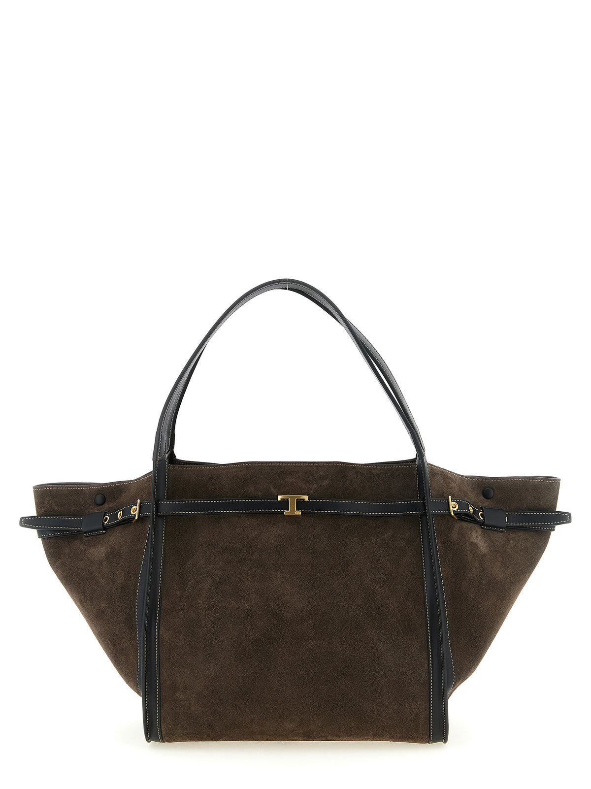 Tod's T Signature Medium Shopping Bag in brown calfskin suede with full-grain leather trim and gold-tone T Timeless hardware at The Exclusive Line Singapore.
