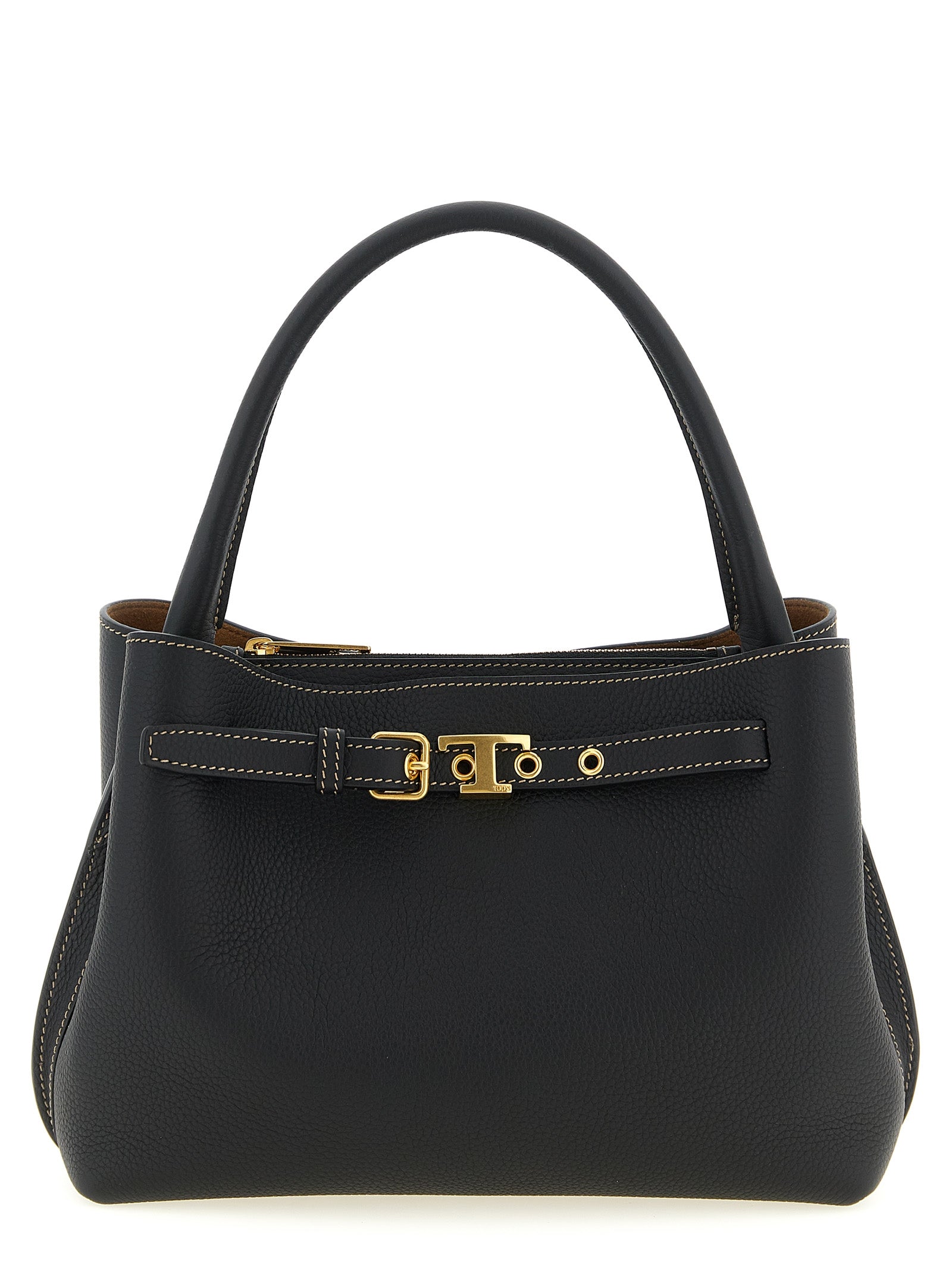 Tod's T Signature Mini Handbag in black calfskin leather featuring a tubular top handle, gold-tone T Timeless hardware, and detachable shoulder strap.