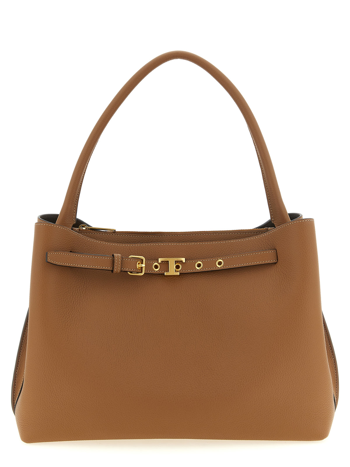 Tod's T Signature Small Handbag in rich brown calfskin leather with gold-tone hardware at The Exclusive Line Singapore.
