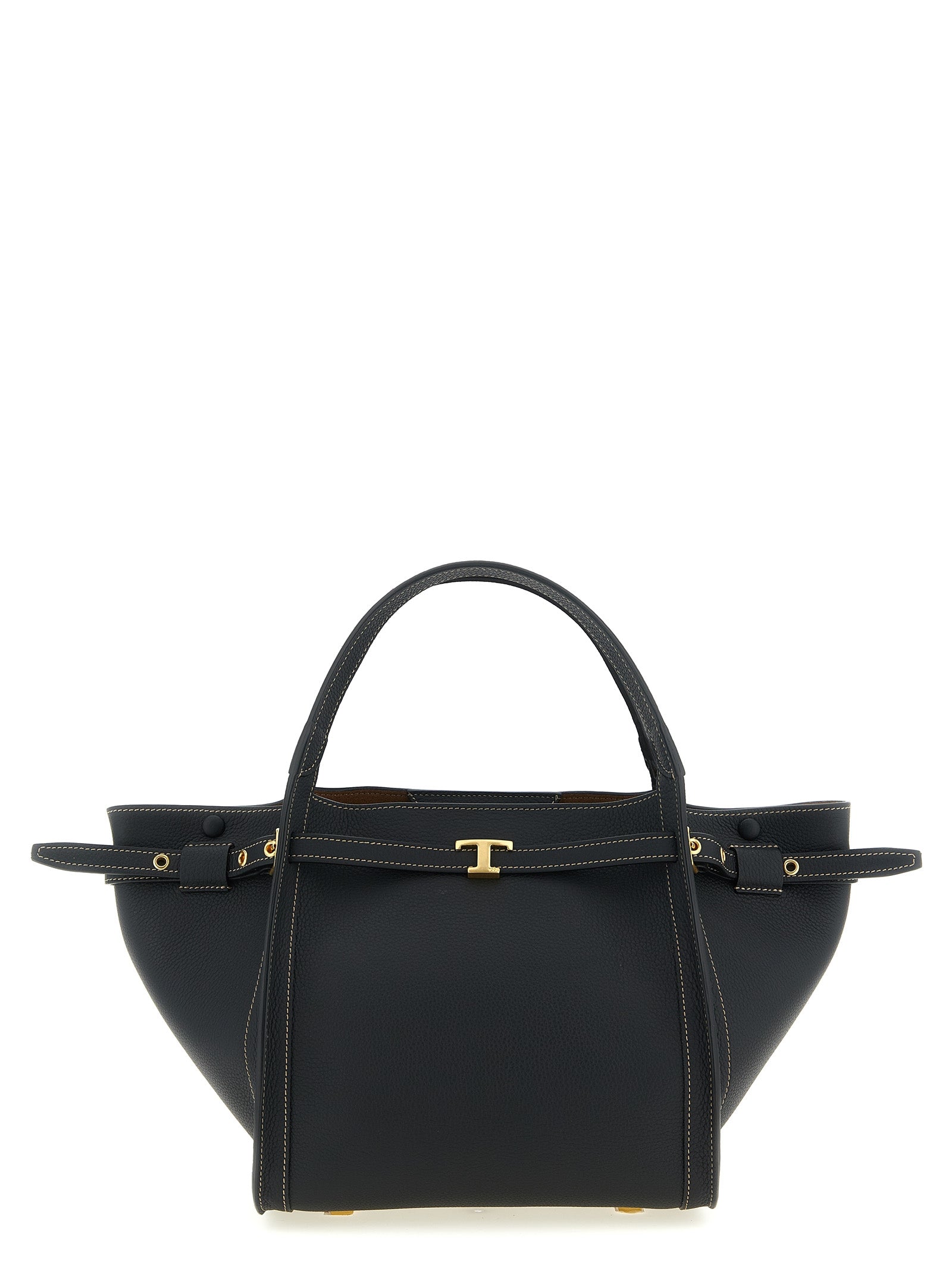 Tod's T Signature Small Shopping Bag in black calfskin leather featuring the gold-tone T Timeless hardware, dual top handles, and detachable shoulder strap.