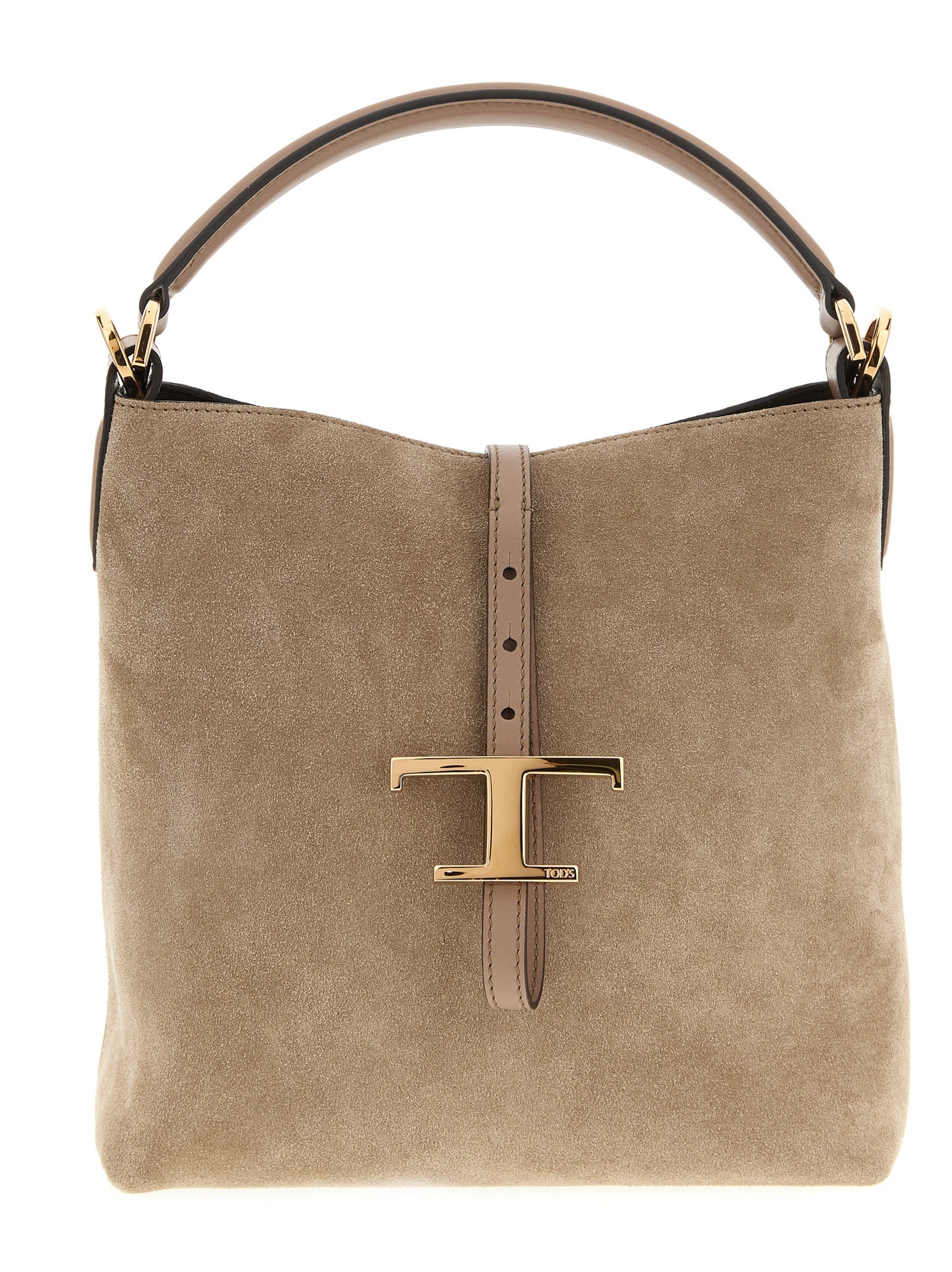 Tod's T Timeless Mini Bucket Bag in beige suede calfskin leather featuring a rounded silhouette, branded metal pendant, fixed top handle, and detachable strap from The Exclusive Line.