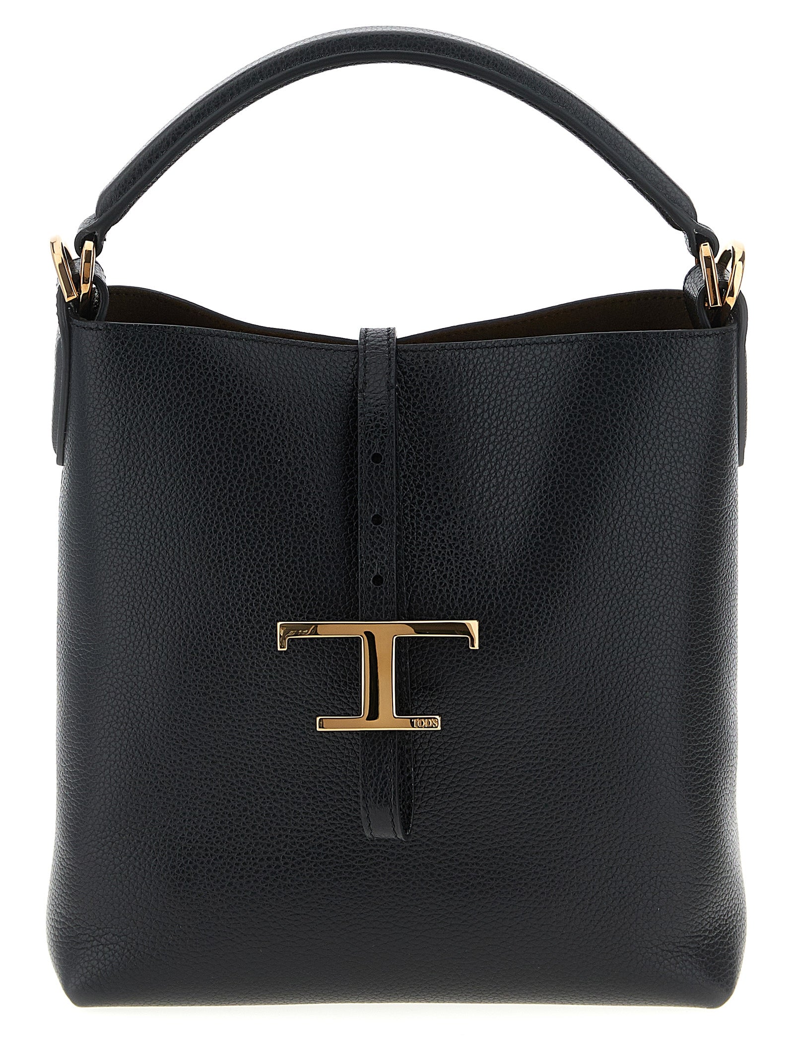 Tod's T Timeless Mini Bucket Bag in black calfskin leather featuring a rounded silhouette, gold-tone branded metal pendant, top handle, and detachable strap from The Exclusive Line Singapore.