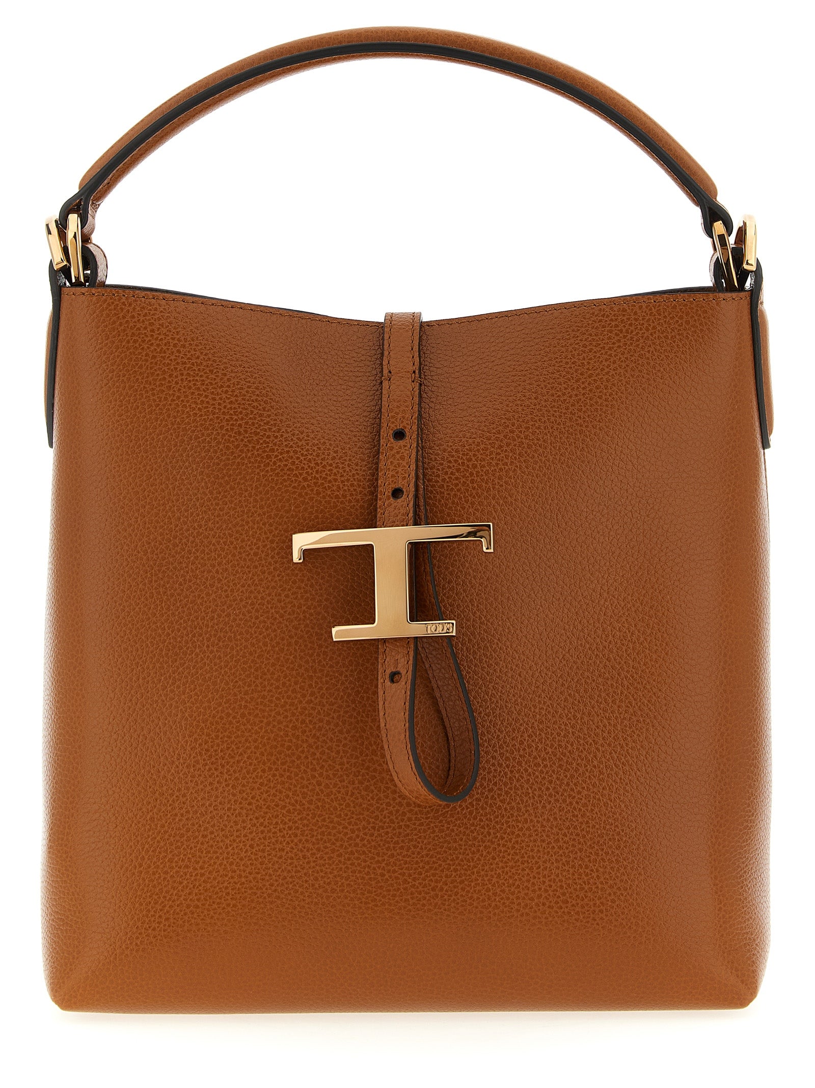 Tod's T Timeless Mini Bucket Bag in brown calfskin leather featuring a rounded silhouette, gold-tone branded metal pendant, top handle, and detachable strap from The Exclusive Line Singapore.