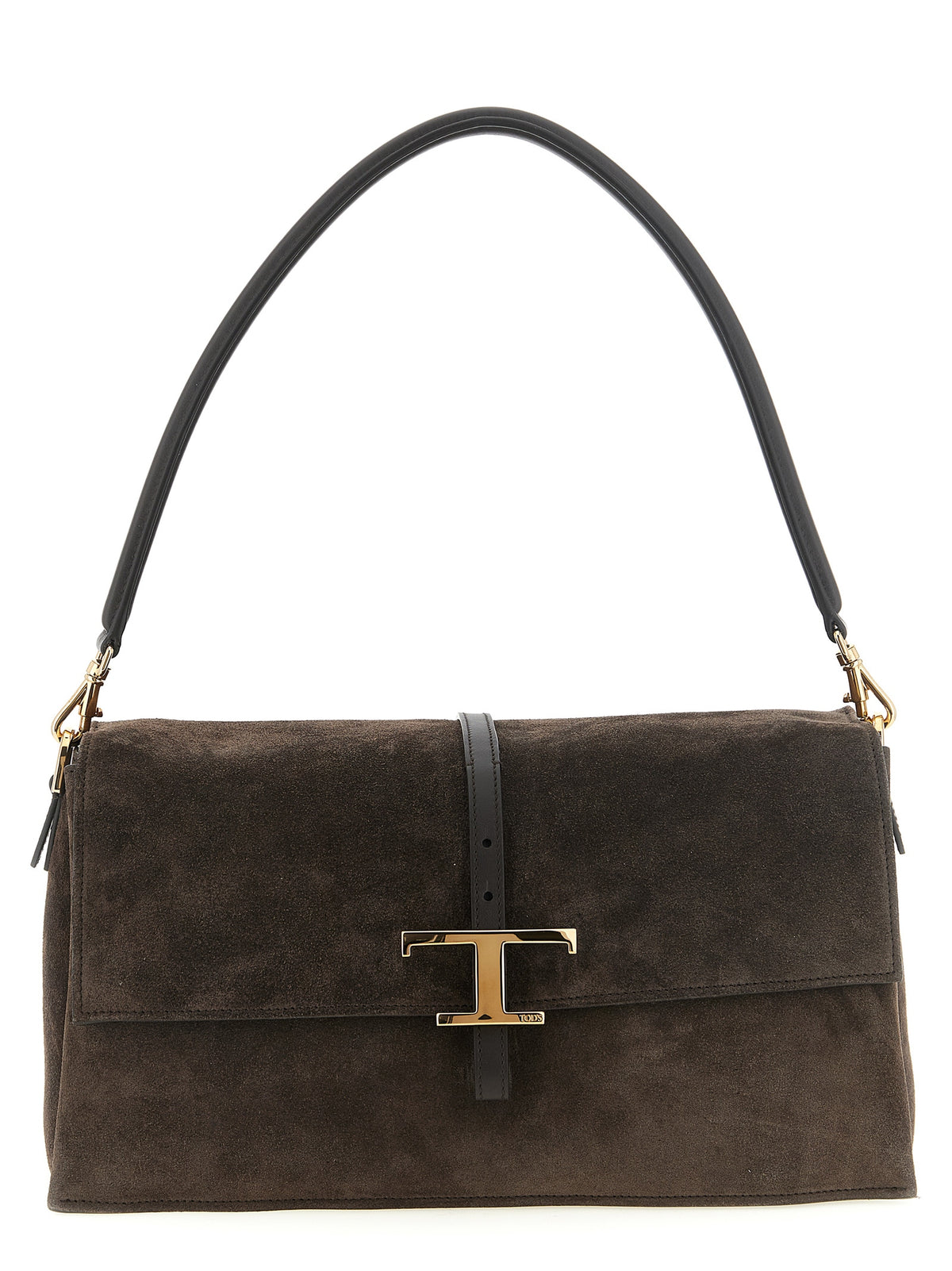 Tod's T Timeless Small Flap Bag in brown calfskin suede with full-grain leather trim and metal T accessory at The Exclusive Line Singapore.