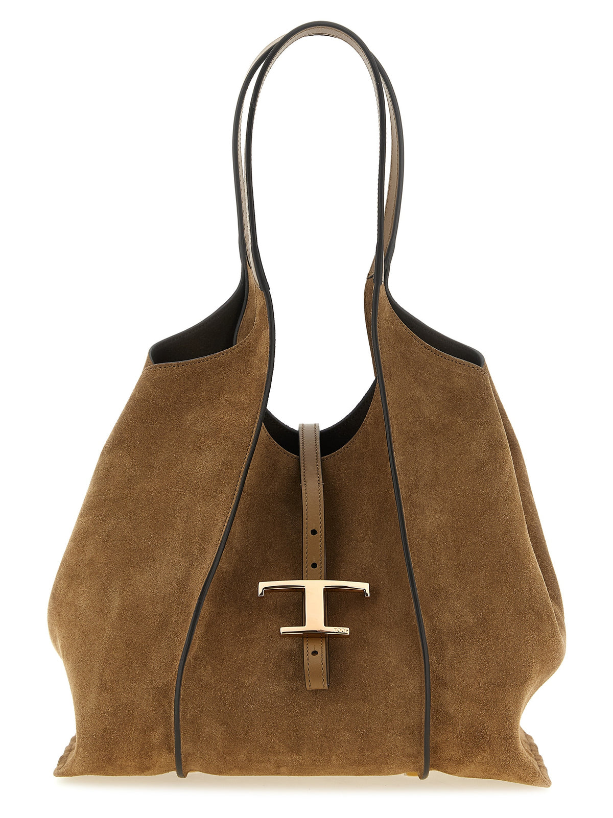 Tod's T Timeless Small Shopping Bag in brown calfskin suede with removable zipped pouch and metal T charm at The Exclusive Line Singapore.