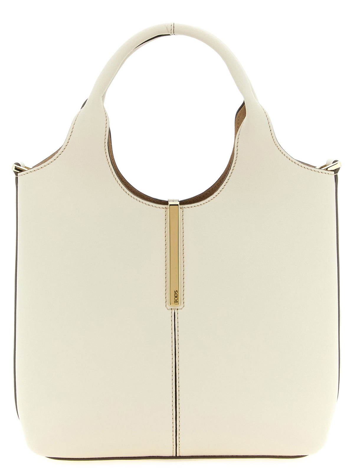 Tod's Tote Mini Shopping Bag in white calfskin leather featuring branded metal bar accessory and top handles at The Exclusive Line Singapore