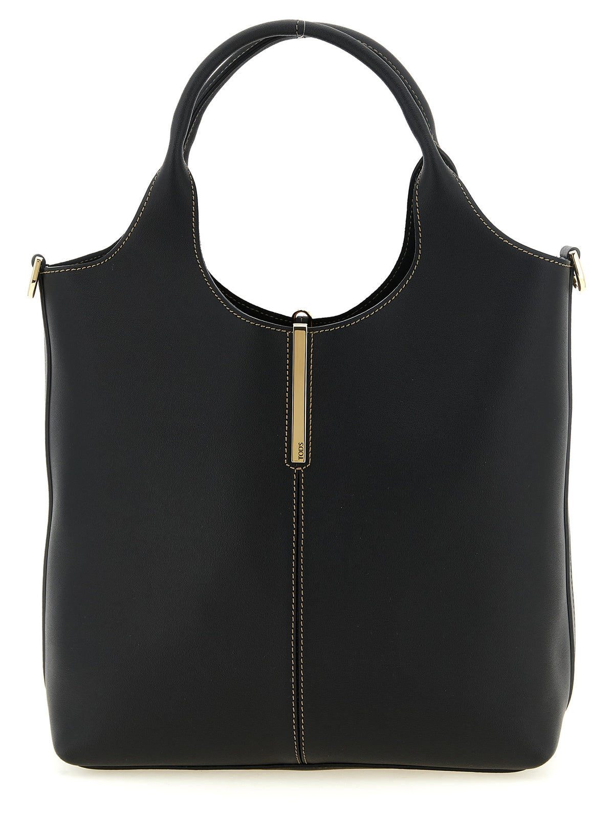 Tod's Small Shopping Bag in black calfskin leather featuring vertical central stitching, a branded metal bar accessory, and a detachable shoulder strap from The Exclusive Line Singapore.