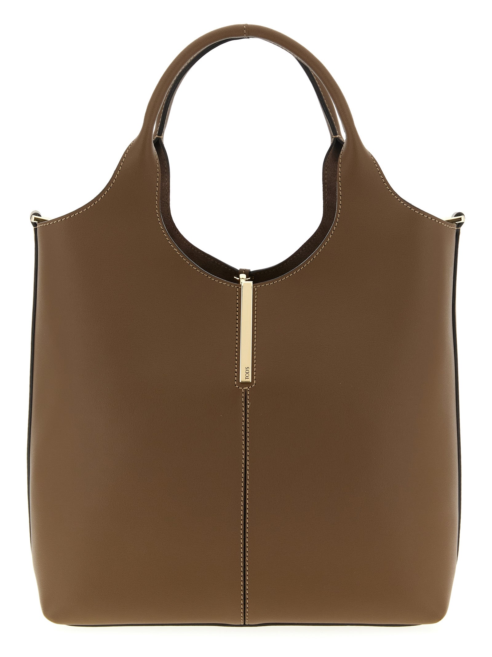 Tod's Small Shopping Bag in brown natural calfskin leather featuring vertical central stitching, a branded metal bar accessory, and a detachable shoulder strap.