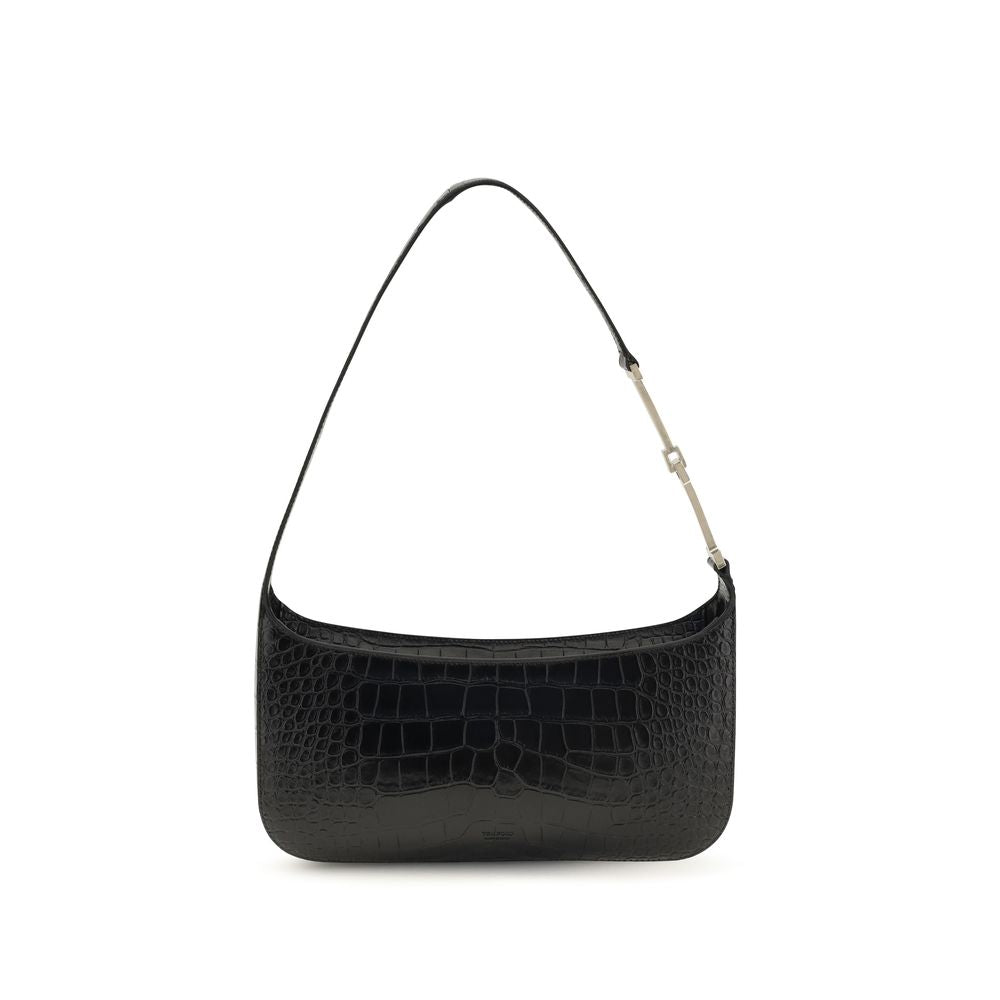 Tom Ford Arc small shoulder bag in black crocodile-embossed tumbled leather with vintage pale gold double T hardware.