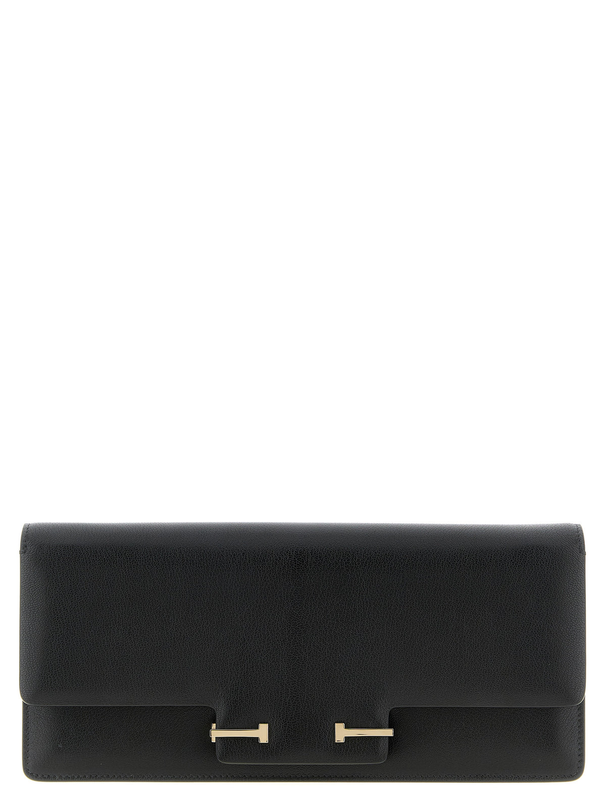 Tom Ford Aube East-West shoulder bag in black supple grain goatskin leather featuring the signature double T clasp closure.