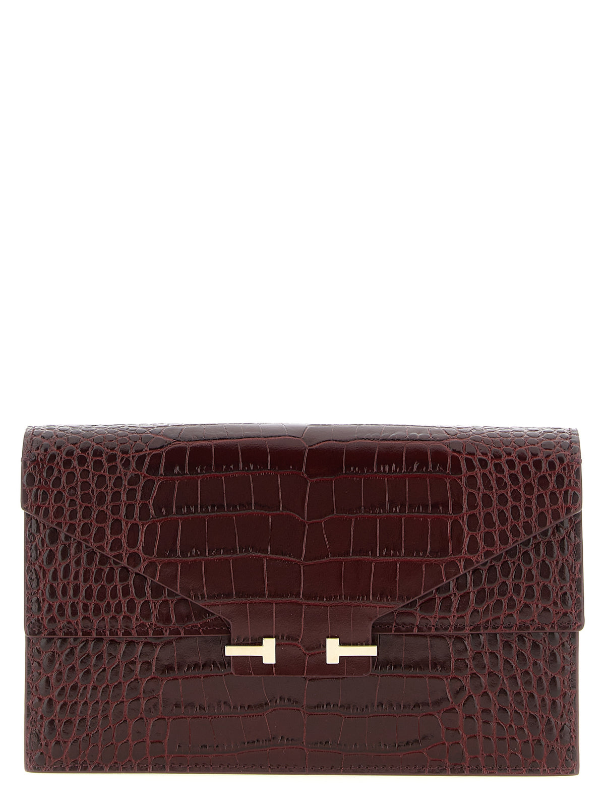 Tom Ford Aube mini shoulder bag in ruby red crocodile-effect calfskin leather with signature double T snap button closure.