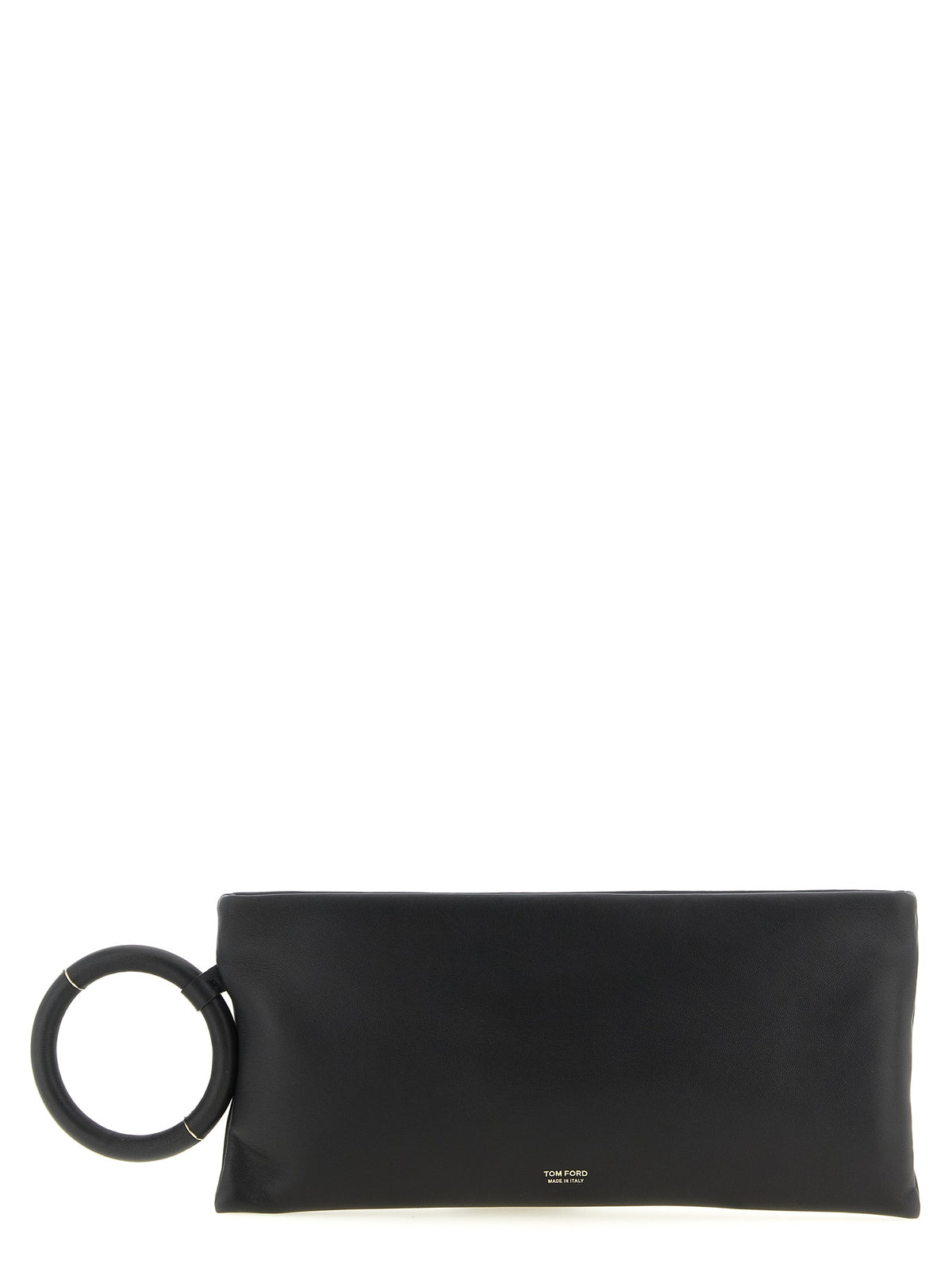 Tom Ford Aura elongated clutch in black nappa sheepskin leather featuring a leather-covered wristlet ring and inlaid metal T.