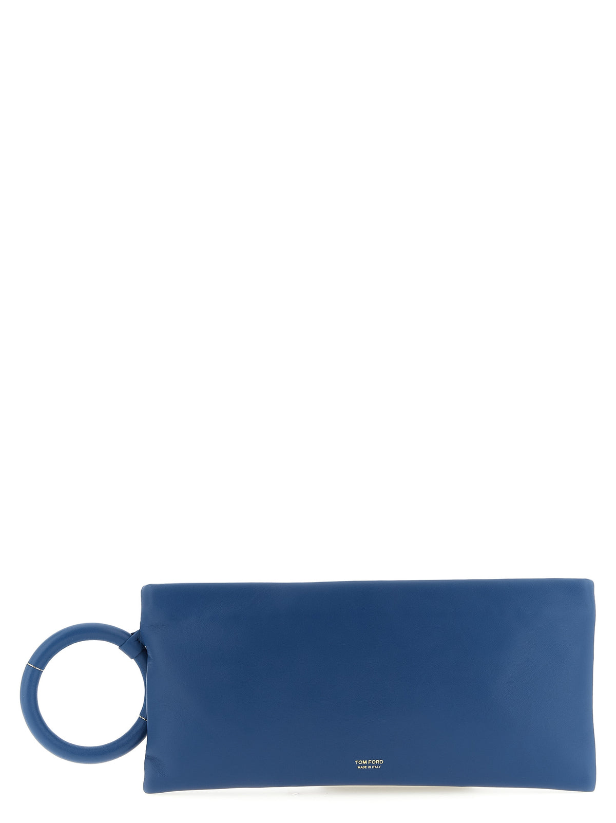 Tom Ford Aura elongated clutch in quartz blue nappa sheepskin leather with leather-covered wristlet ring and inlaid metal T.