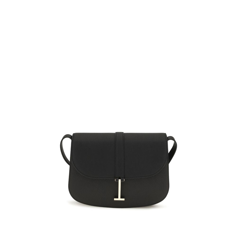 Tom Ford Kara small crossbody bag in black grain calfskin leather featuring vintage pale gold hanging T hardware.