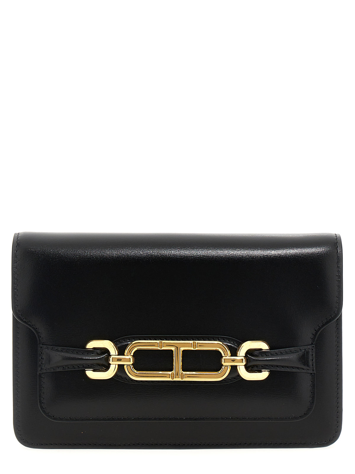 Tom Ford Whitney crossbody bag in black calfskin leather featuring a gold-tone logo plaque and chain-link shoulder strap.