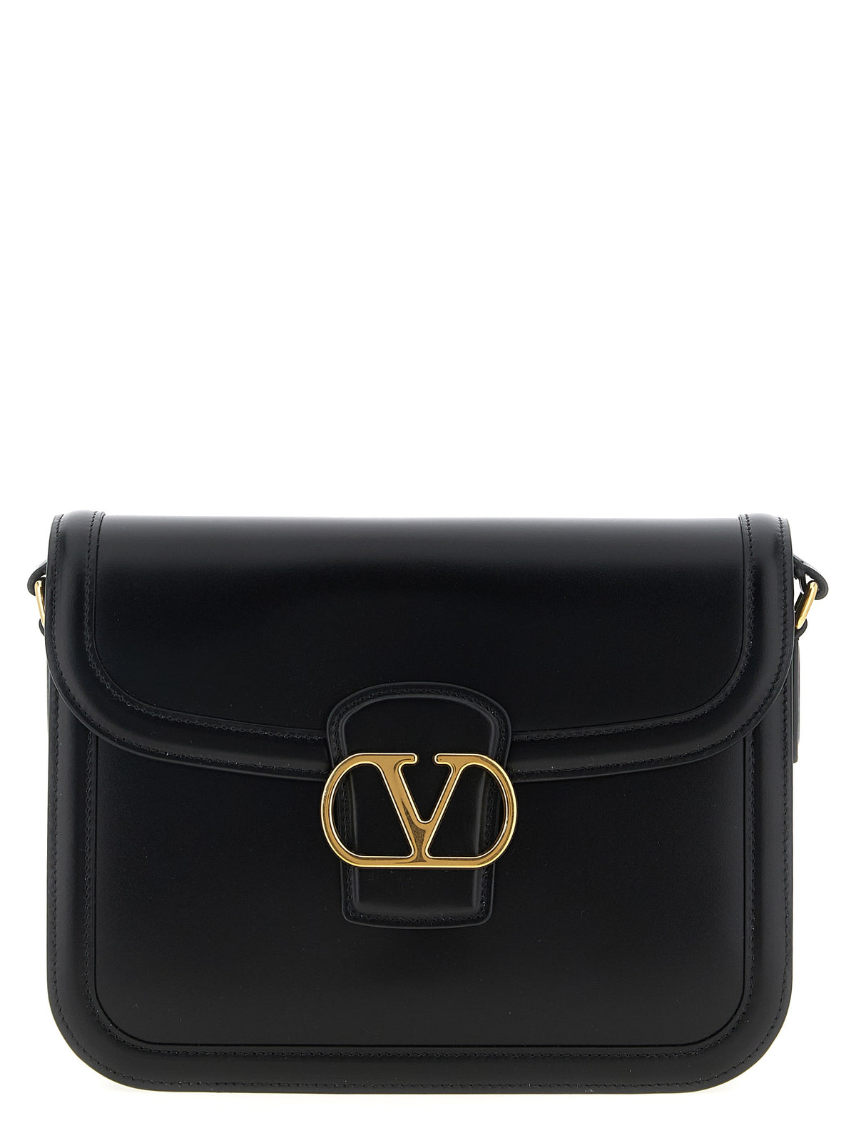 Valentino Garavani 9to5 large shoulder bag in black smooth calfskin leather with antique brass VLogo closure.