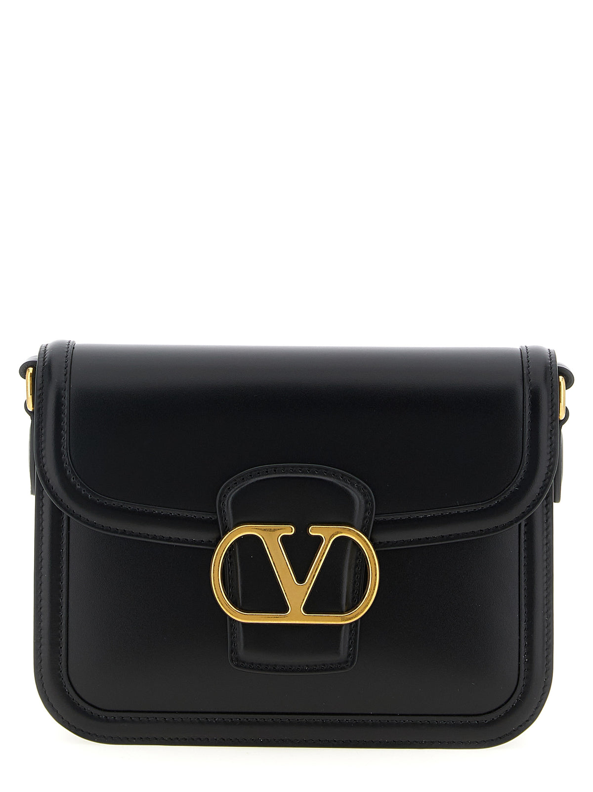 Valentino Garavani 9TO5 shoulder bag in black smooth calfskin leather with antique brass VLogo closure.