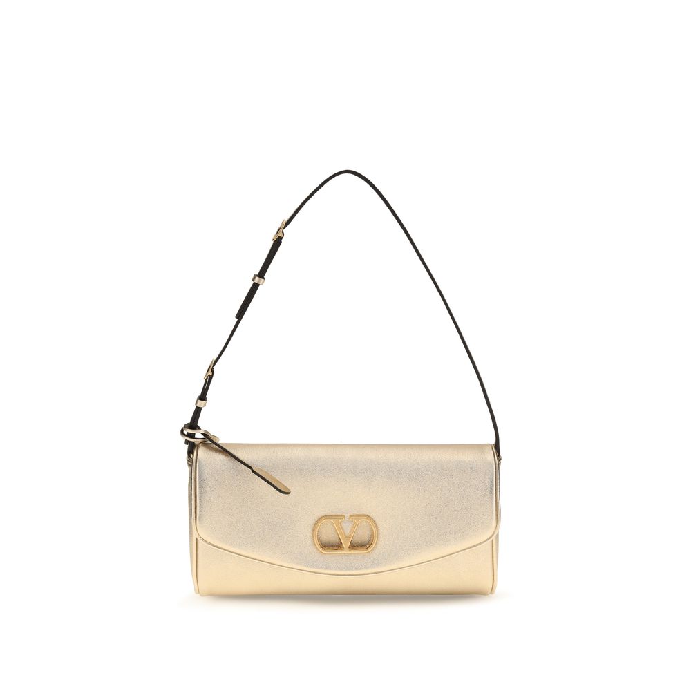 Valentino Garavani DeVain small shoulder bag in gold laminated nappa leather with antique brass VLogo hardware.