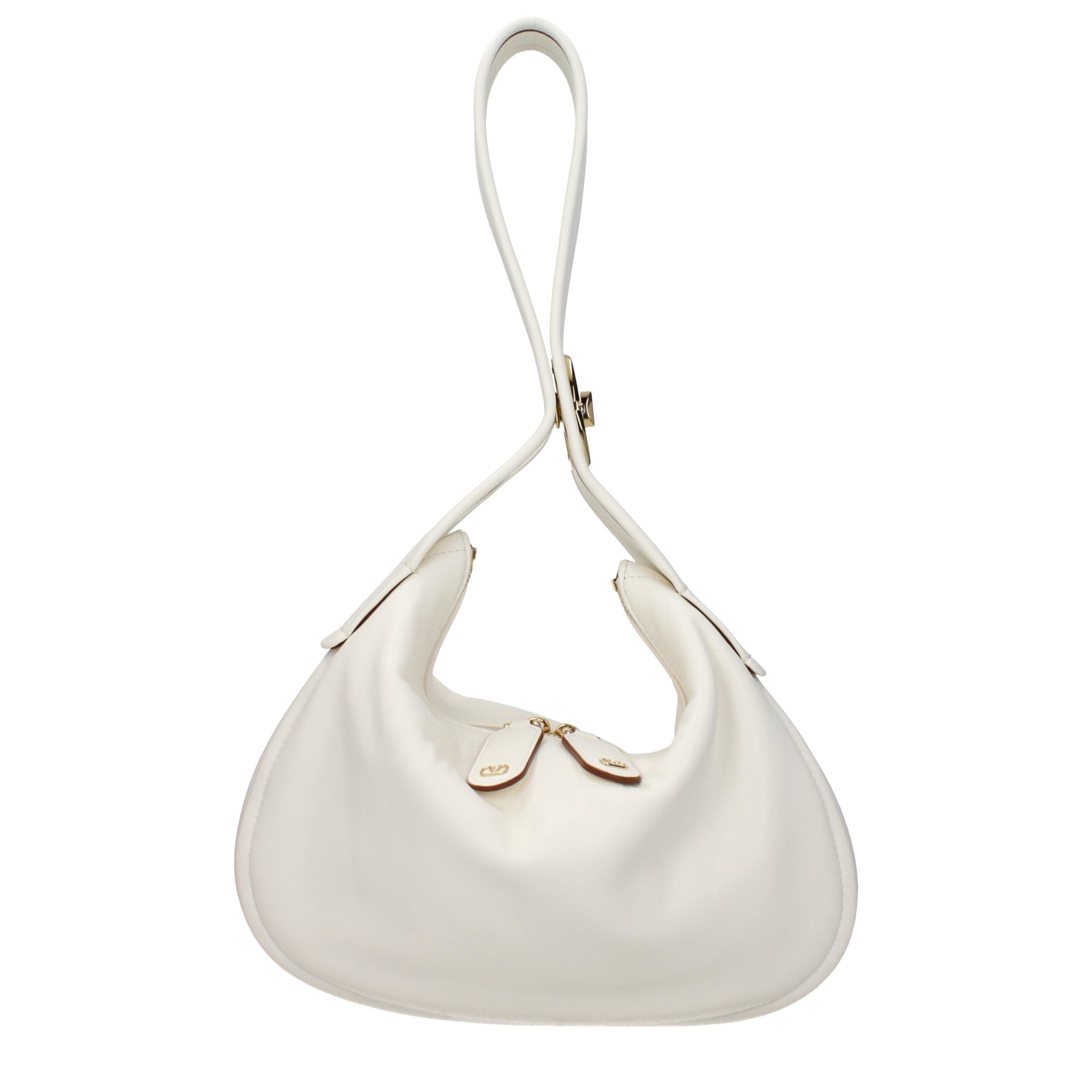 Ivory white grained leather Valentino Garavani VLogo Moon medium hobo bag with gold-tone chain handle and adjustable strap from The Exclusive Line, Singapore.