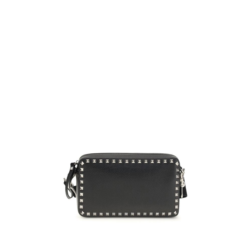 Valentino Garavani Rockstud Black Leather Crossbody Bag with Platinum Studs and Ribbon Strap - The Exclusive Line Singapore