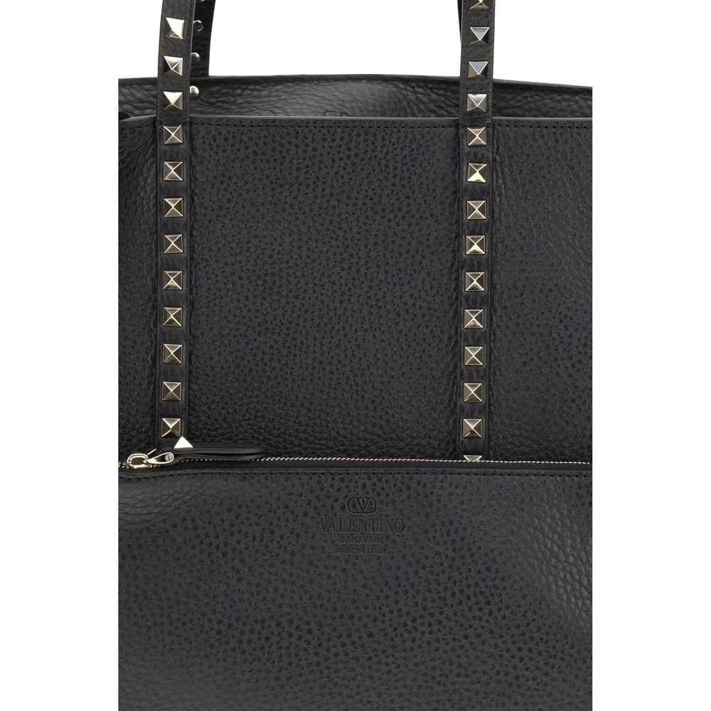 Close Up of Valentino Garavani Rockstud Shopping Bag in Black Grainy Calfskin with Platinum Studs - Luxury Tote at The Exclusive Line Singapore.